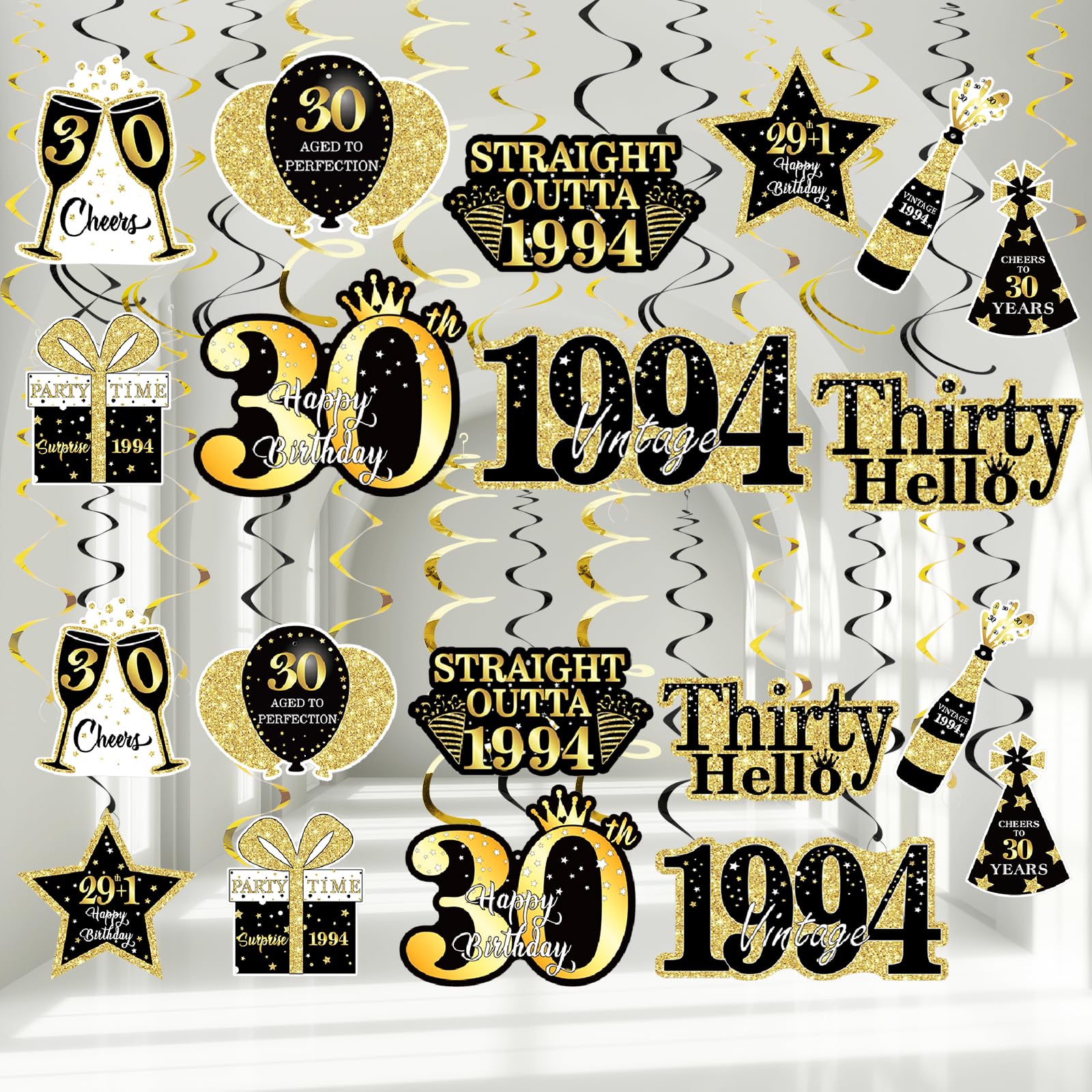 36PCS Black Gold 30th Birthday Decorations Hanging Swirls for Men Women,Happy 30th Birthday Party Supplies Vintage 1994 Foil Swirls,Thirty Year Old Birthday Ceiling Hanging Decorations Sign Decor