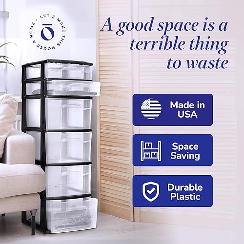 Miniatura 5 de HOMZ Paquete de 2 torres de cajones, carrito organizador de almacenamiento de plástico transparente de 6 niveles, marco negro, contenedores