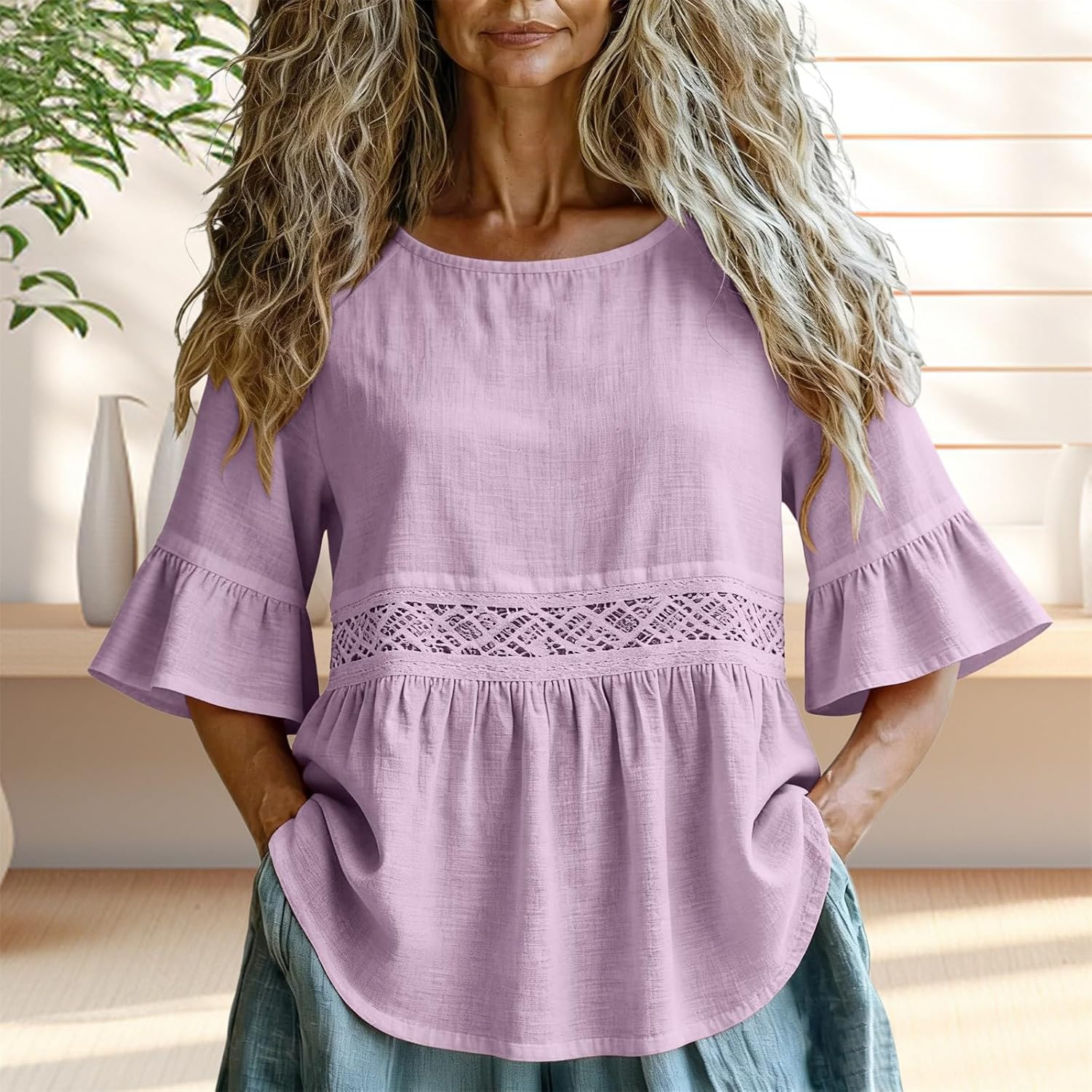 Linen Peasant Tunic Tops for Women 3/4 Bell Sleeve Flowy Peplum Peasant Blouses Loose Fit Cute Babydoll Shirts