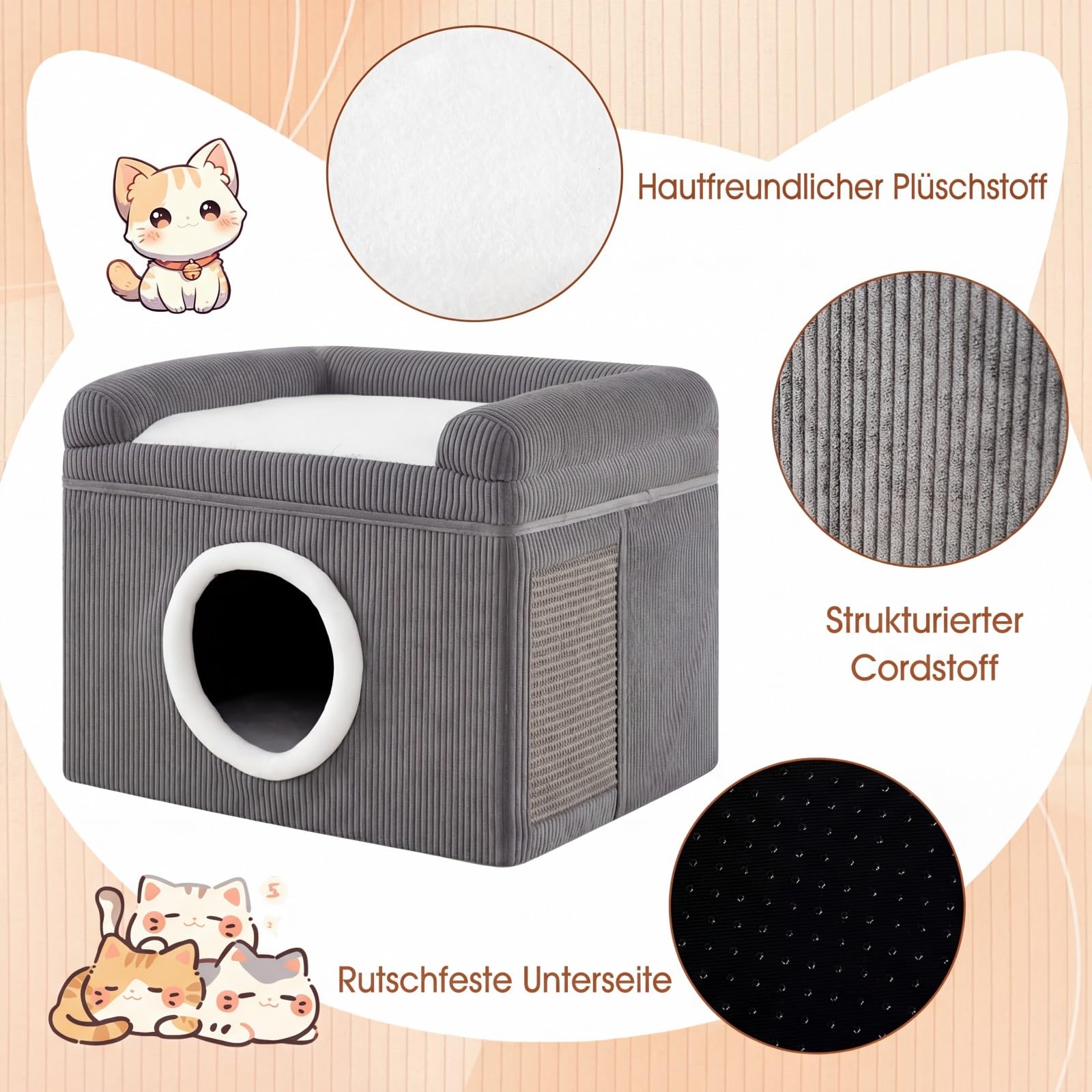 COSTWAY Katzenhaus faltbar, Katzenhöhle mit Sisal-Kratzmatte, weiches Kissen, erhöhten Kanten & Rutschfester Boden, Katzenbett für 2 Katzen, Indoor, bis 15 kg, Cordstoff, 49 x 41 x 39 cm (Grau)