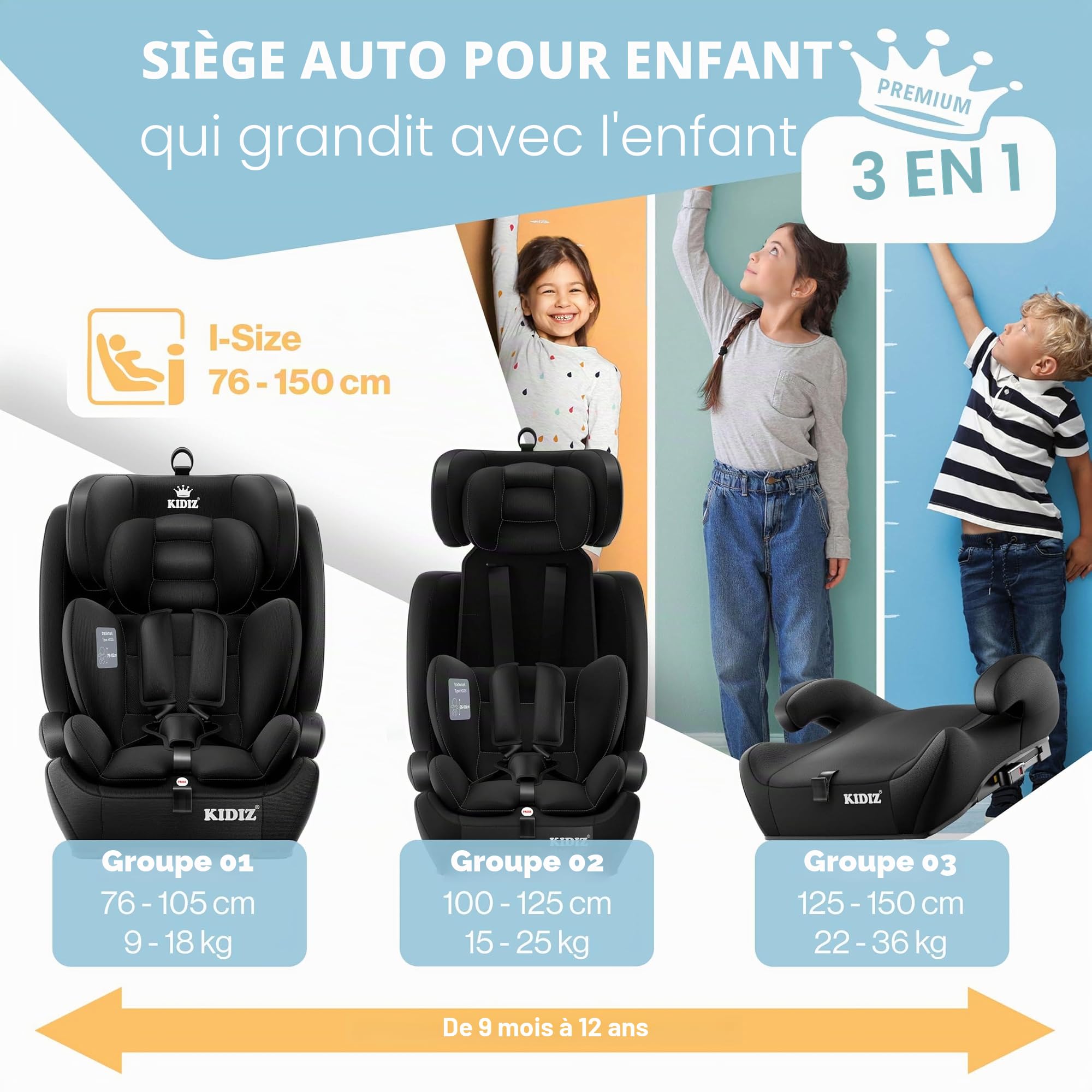 Kidiz® Siège auto pour enfant avec Isofix i-Size R129 100-150cm jusqu'à 12 ans, siège auto pour enfant Groupe 1/2/3, siège évolutif, ceinture 5 points et appuie-tête réglable en hauteur, rehausseur de