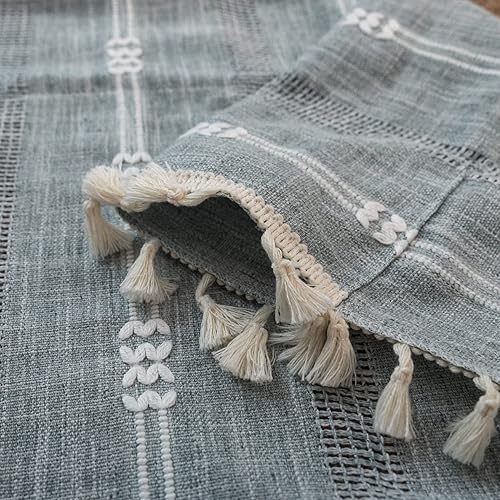 Miniatura 7 de Juego de 2 paneles de cortinas de lino semiopacas, bohemias y rústicas, con rayas bordadas y borlas, para sala de estar, 52" de ancho x 96" de