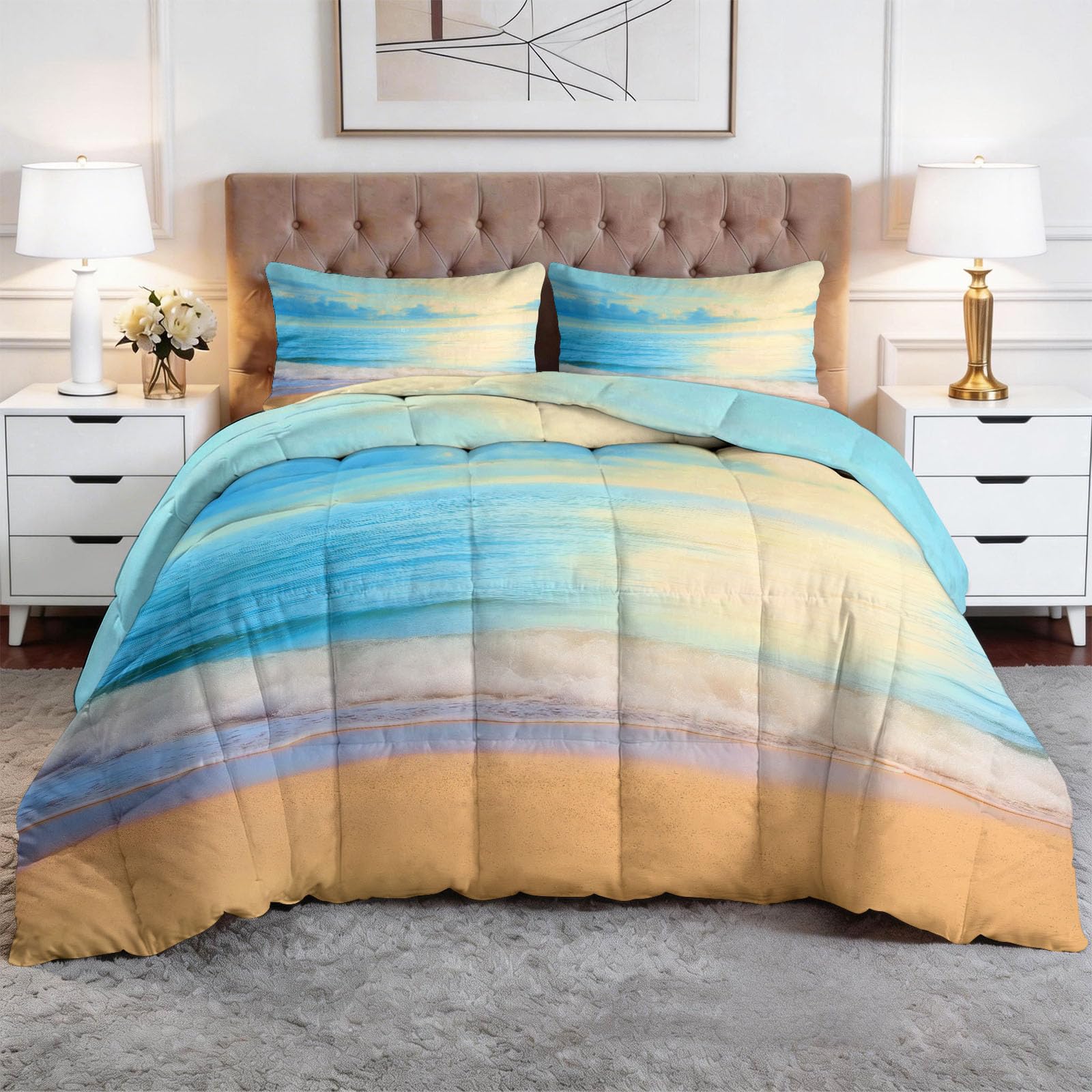 Spiaggia Onde dell'Oceano Tramonto Trapunta Trapunta 200 x 200 cm, Paesaggio Naturale Leggero Trapunta per Letto - Lavabile Calda Coperta 4 Stagioni Trapunta per Bambini Ragazze Ragazzi Adolescente