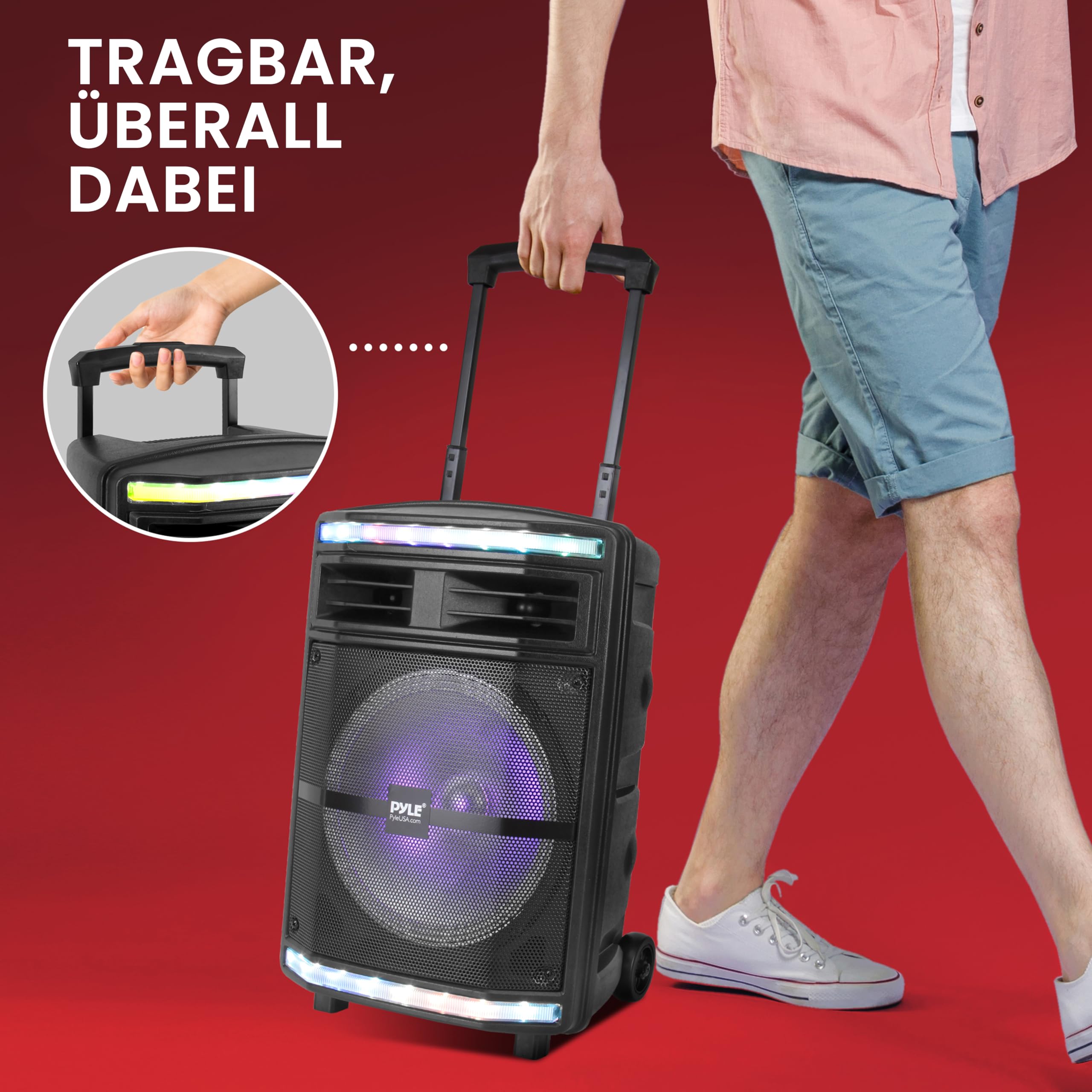 Pyle Partybox, 600W Bluetooth Lautsprecher Groß, Tragbare Musikbox mit Griff & Rollen, 10" Subwoofer & Akku, Karaoke Box mit LED Lichtern, USB/SD/MP3, für Party, Outdoor, Events & DJ