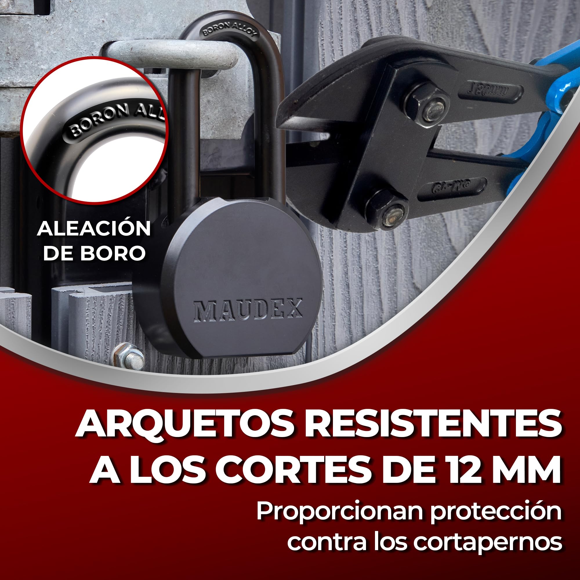 Maudex® PME65 Candado para uso intensivo: candado alta seguridad con arco de aleación de boro, diseño resistente a la intemperie y 5 llaves de latón. Para cobertizos, puertas