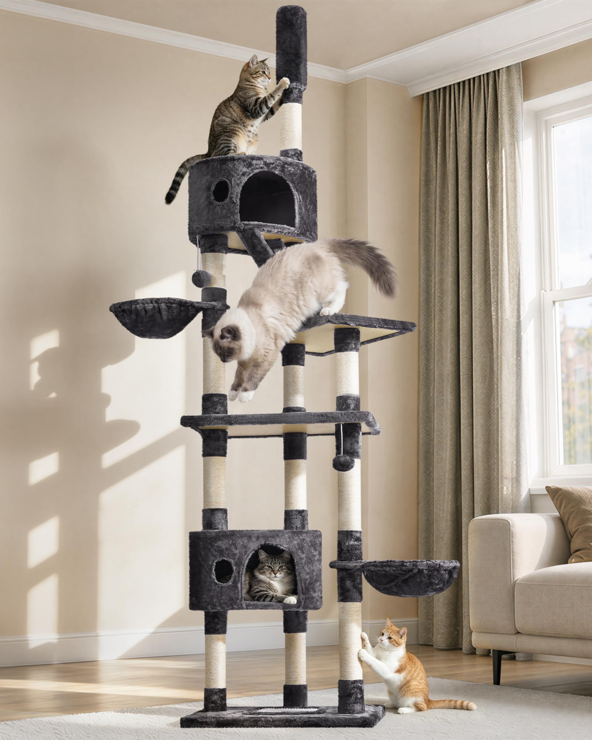 Yaheetech Floor to Ceiling Cat Tree, 228-255cm Height Adjustable Tall Tower for Indoor Cats, Scratching Post with Condos Baskets and Ladder Dark Grey