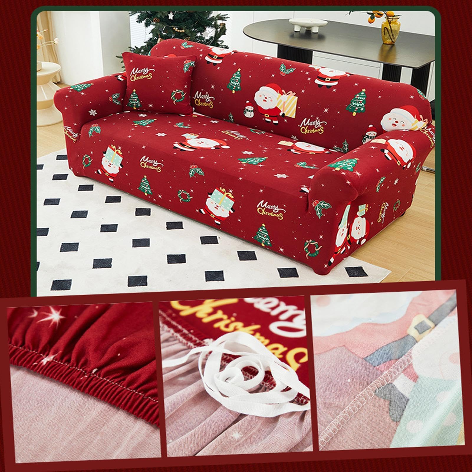 Santa Couch Cover, Christmas Elastic Slipcover With Non Slip Fit, Holiday