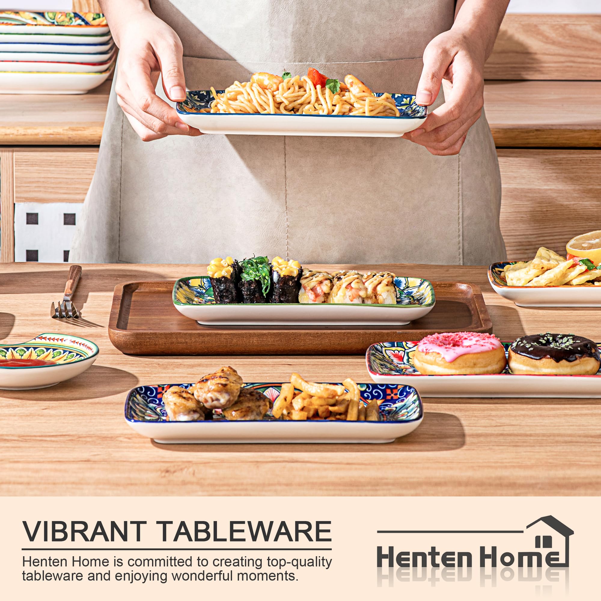 Henten Home Set di Piatti da Portata in Porcellana, Piatti Rettangolari 6 Pezzi, Piatti Piani Boemia per Sushi, Dessert, Spuntino, Antipasto - 20.5 x 11 cm
