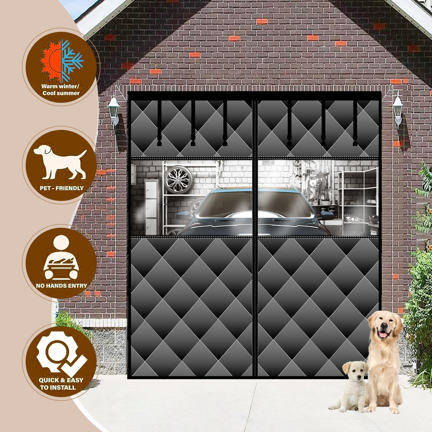 Magnetic Thermal Insulated Door Curtain with Visible Windows, Thicken Polyester Fiberfill & Durable Oxford Fabric, Hands Free Windproof Door Screen for 1 Car Garage Doors 8x7FT, Black