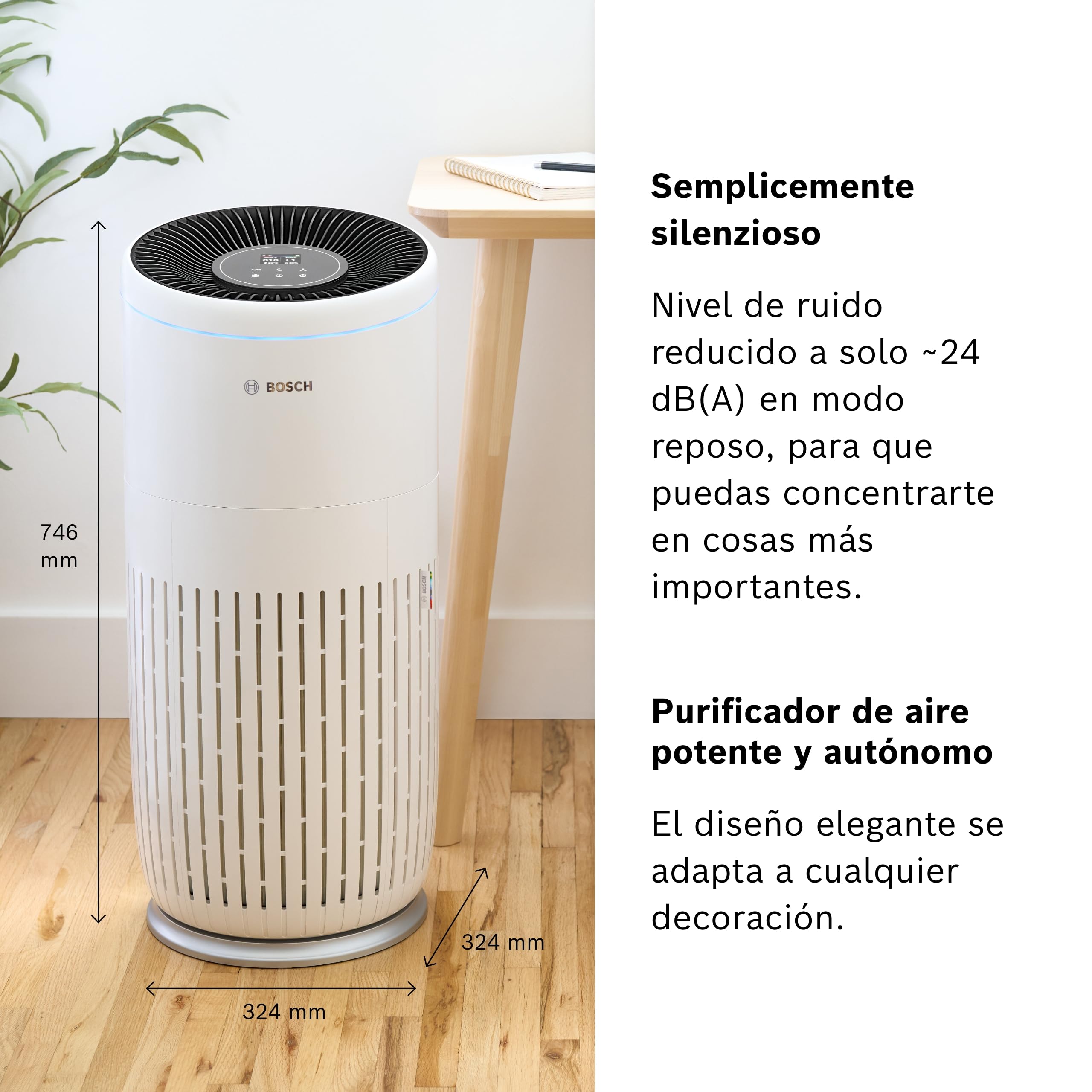 Bosch Air 6000i, Purificador de Aire con App, Hasta 125 m² | Con Filtro de Aire 4 en 1, Sensor Inteligente, Modo Automático, Modo Silencioso (< 25 dB(A)), CADR: 600 m³/h