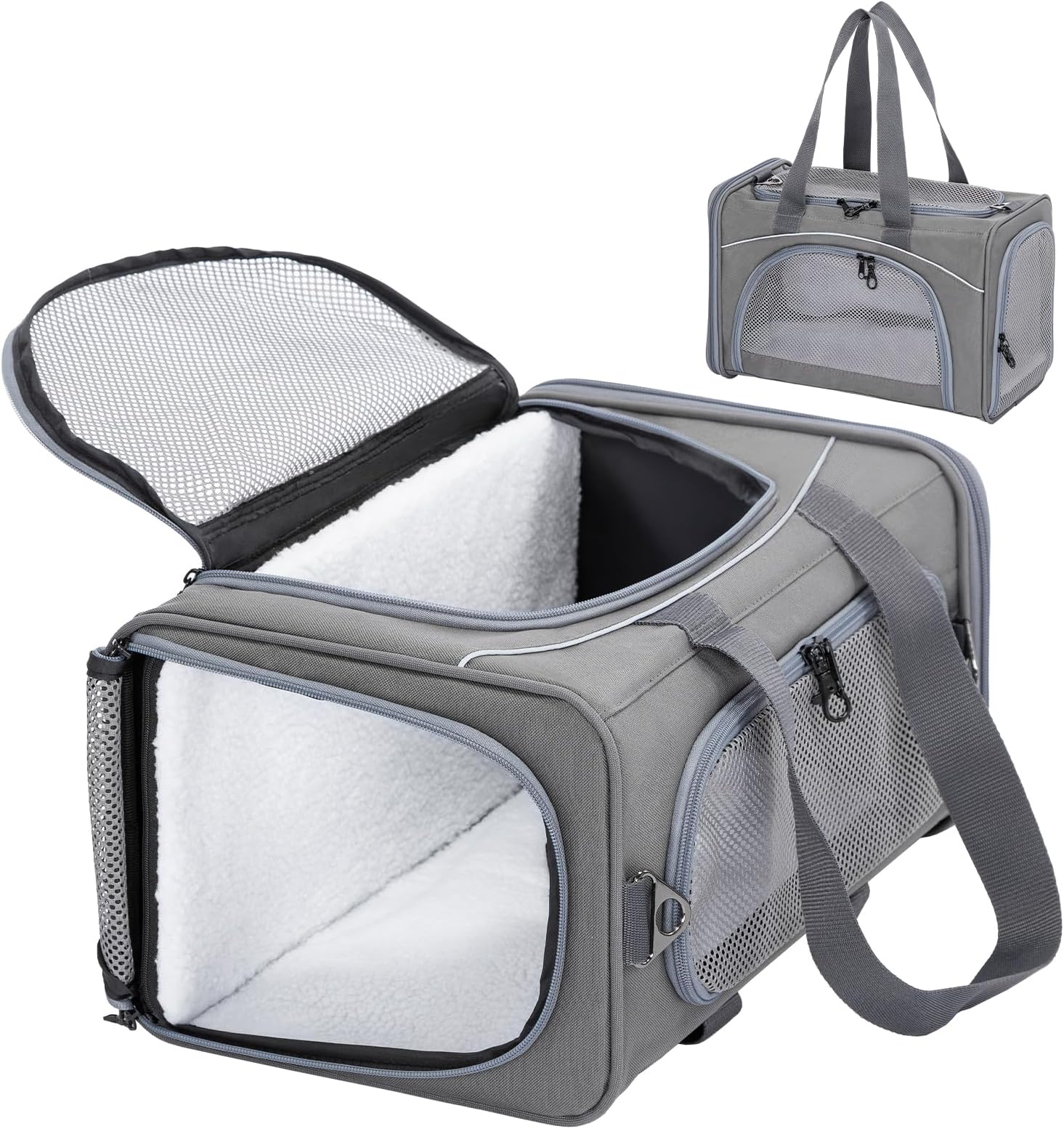 Cat Carrier，Airline Approved Carrier,Small Dogs &Kitten Pet Carriers Two-Way Placement on Airplane, Collapsible Soft Sided Cat Travel Carrier-Grey