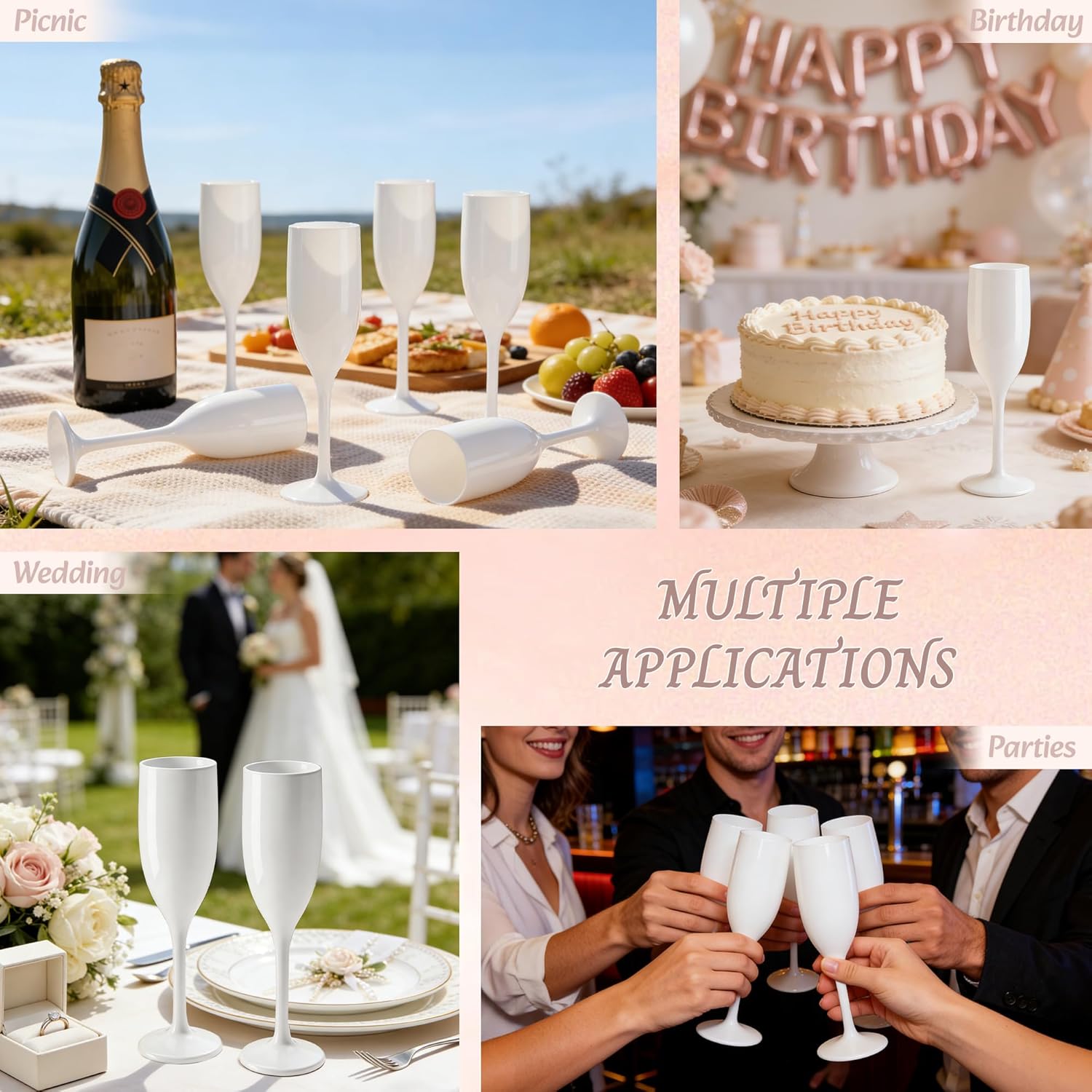 Plastic Champagne Flutes, Acrylic Glasses Goblets Cups Toasting Shatterproof Reusable Flute, for Wedding Party Dinner Mimosa Bar Anniversary Birthday (24, White)