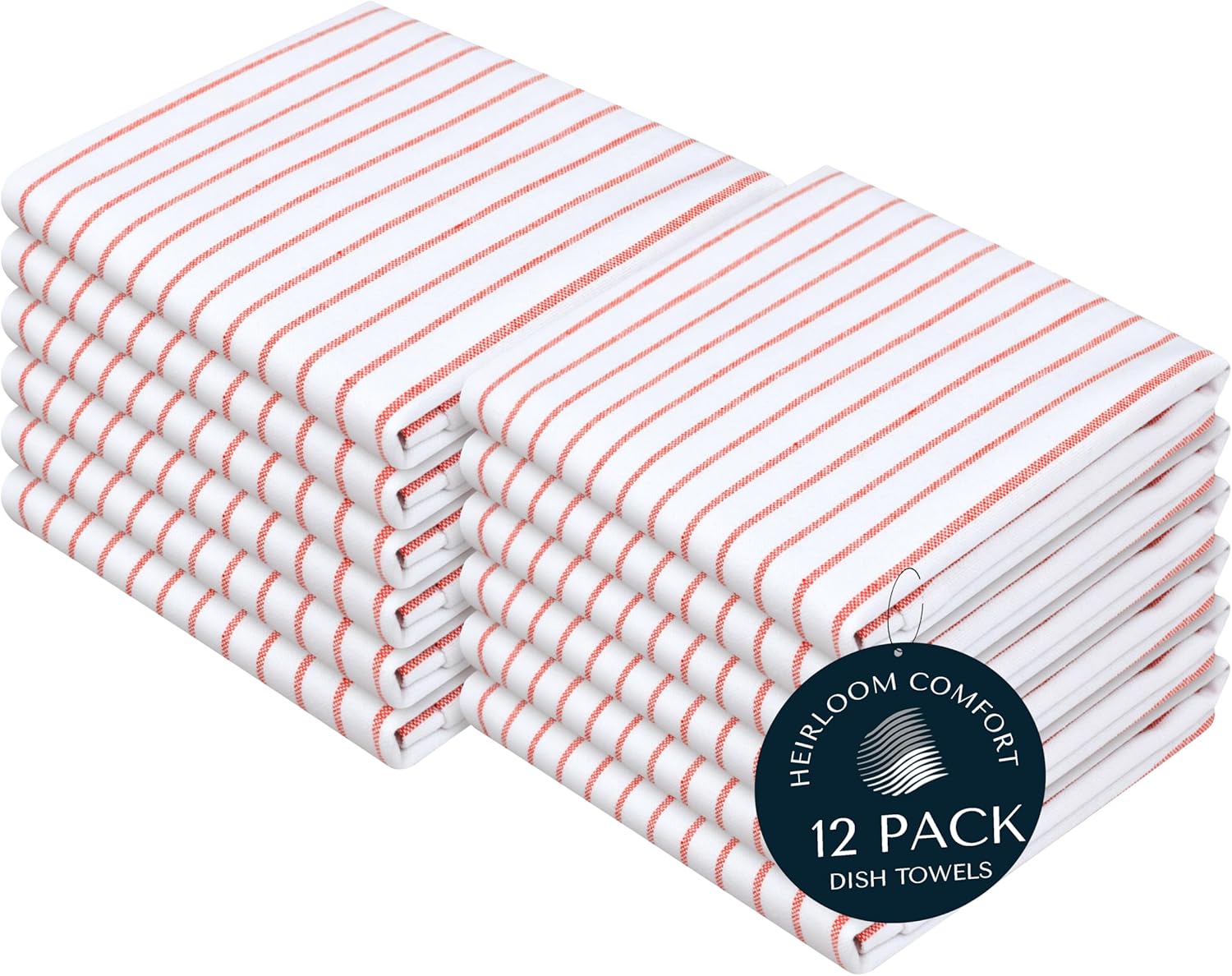 Red Stripe Cotton Kitchen Towels Set of 12, Durable & Super Absorbent Dishcloths Pack, Classic Stripe Towel Set, Quick Dry Towels for Daily Kitchen Use, Wiping & Drying Dishes