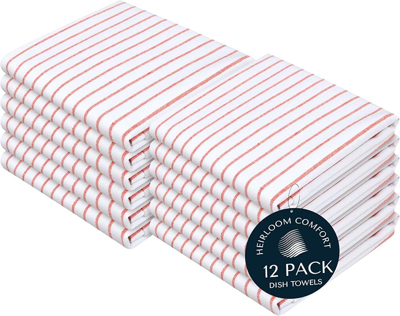 Juego de 12 toallas de cocina de algodón con rayas rojas, paquete de paños de cocina duraderos y súper absorbentes, juego de toallas de rayas clásicas, toallas de secado rápido para uso diario en la cocina, limpieza y secado de platos