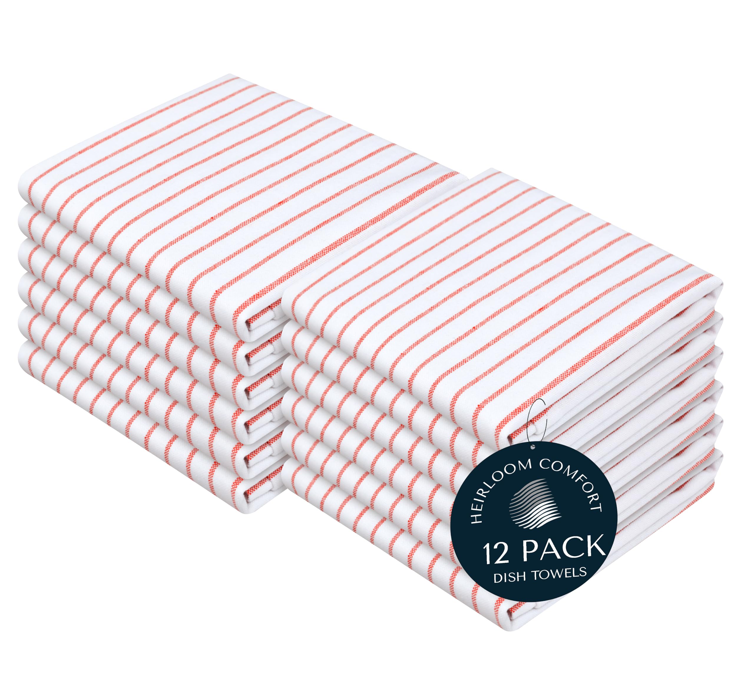 HEIRLOOM COMFORT Red Stripe Cotton Kitchen Towels Set of 12, Durable & Super Absorbent Dishcloths Pack, Classic Stripe Towel Set, Quick Dry Towels for Daily Kitchen Use, Wiping & Drying Dishes