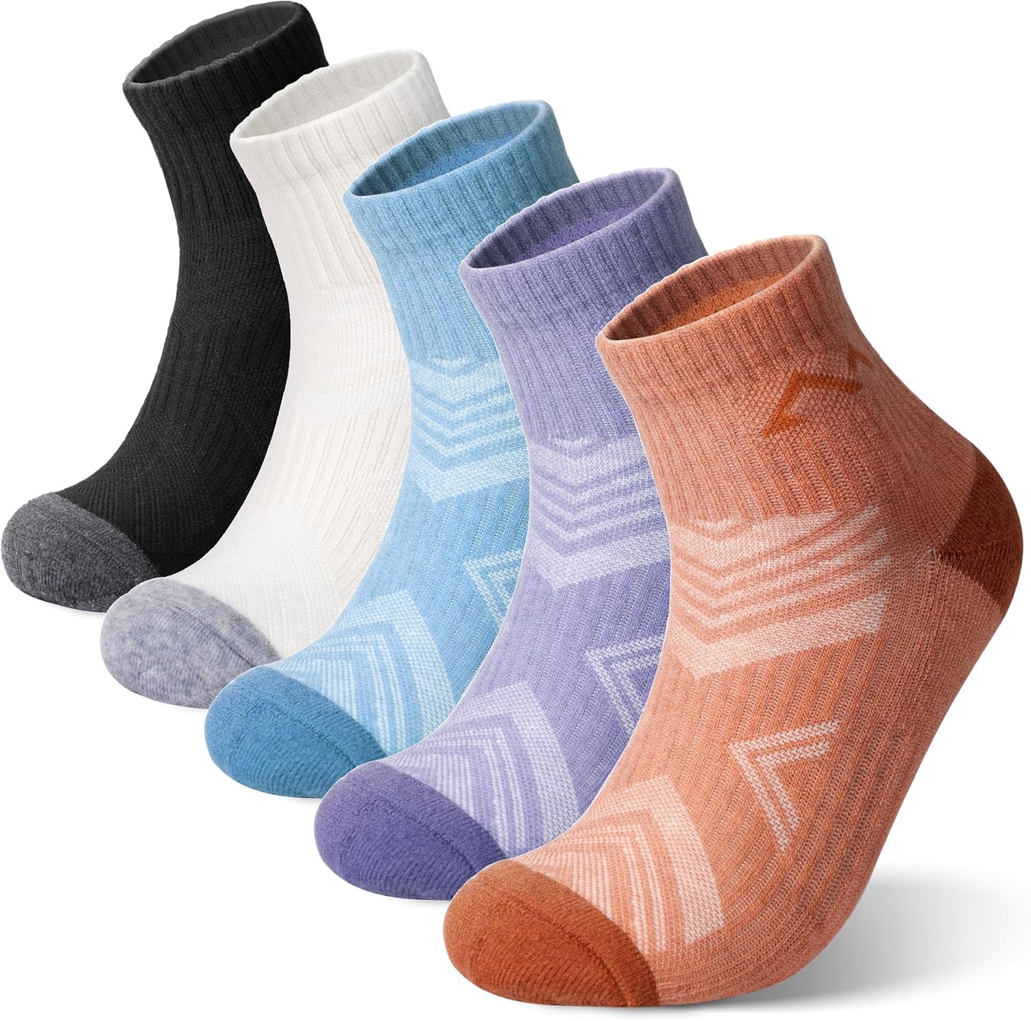 Merino Wool Quarter Hiking Socks for Men & Women, 5 Pairs, Anti-Odor, Cushioned, Breathable
