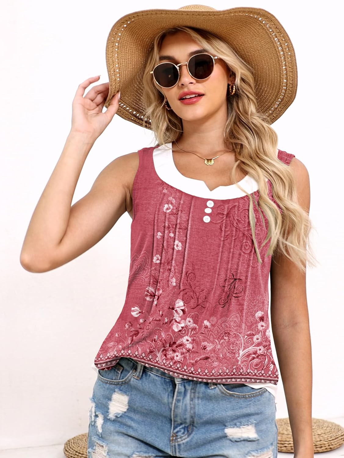 Womens Summer Tops Casual Scoop Neck Button Pleated Sleeveless Shirts Loose Fit Trendy Blouses - Image 5