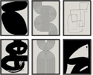 HAUS AND HUES Black Abstract Wall Art – Set of 6 Modern Black and Gray Line Art Prints, Minimalist Geometric Abstract Art for Wall Decor (Unframed 11x14)