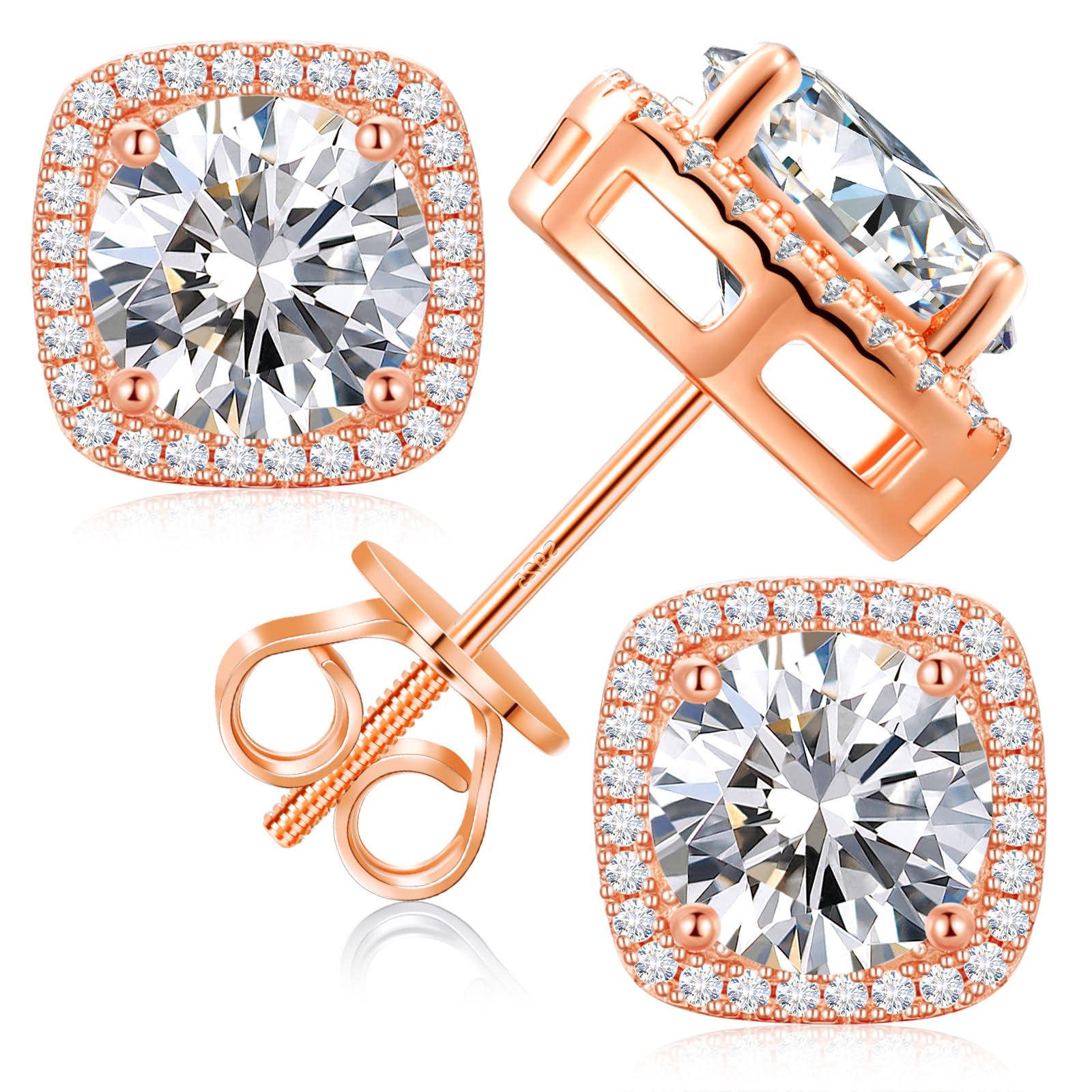 Gugots Moissanite Halo Square Stud Earrings Screw Back 925 Sterling Silver Lab Brilliant D Color VVS1 Clarity Hypoallergenic Earrings for Women Men