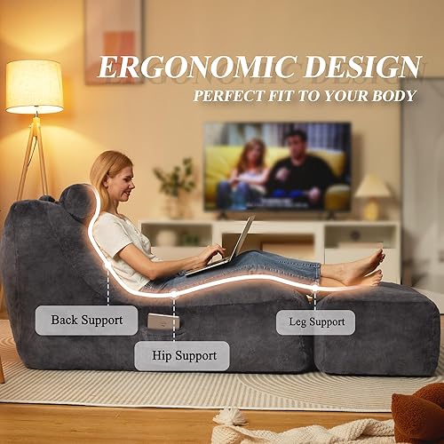 Miniatura 4 de Homguava Puf grande para interiores, puf perezoso con cuello enrollado y otomano, acogedor sofá de suelo con funda lavable y bolsillo lateral para