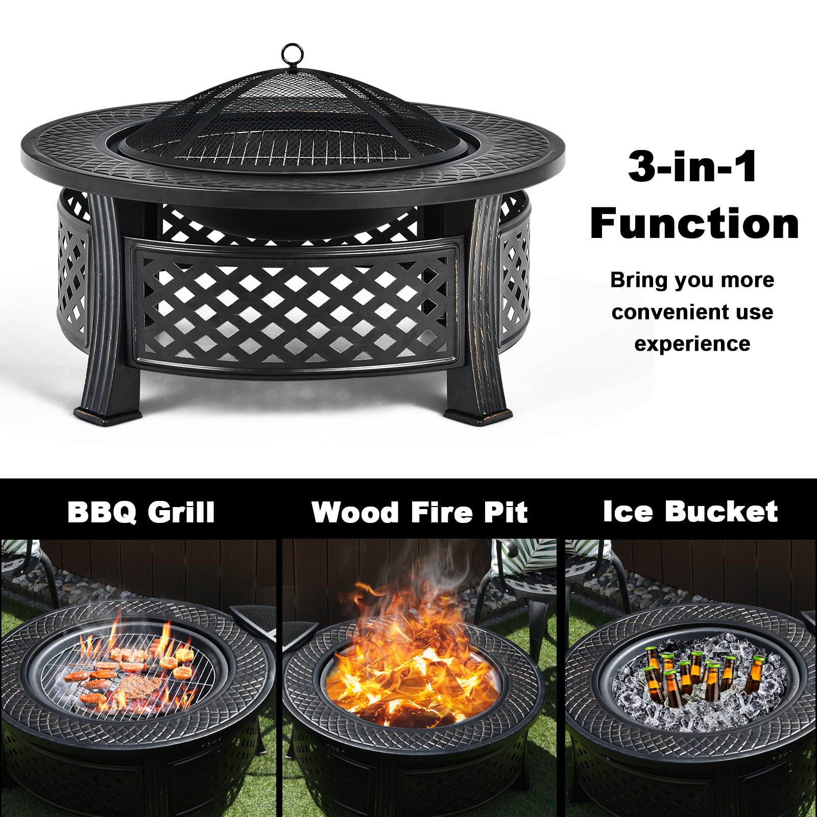 KOMFOTTEU Braciere da esterno con coperchio di sicurezza, Braciere da barbecue 3 in 1 con copertura impermeabile, per giardino, campeggio, picnic, φ81 x 50 cm (H), nero