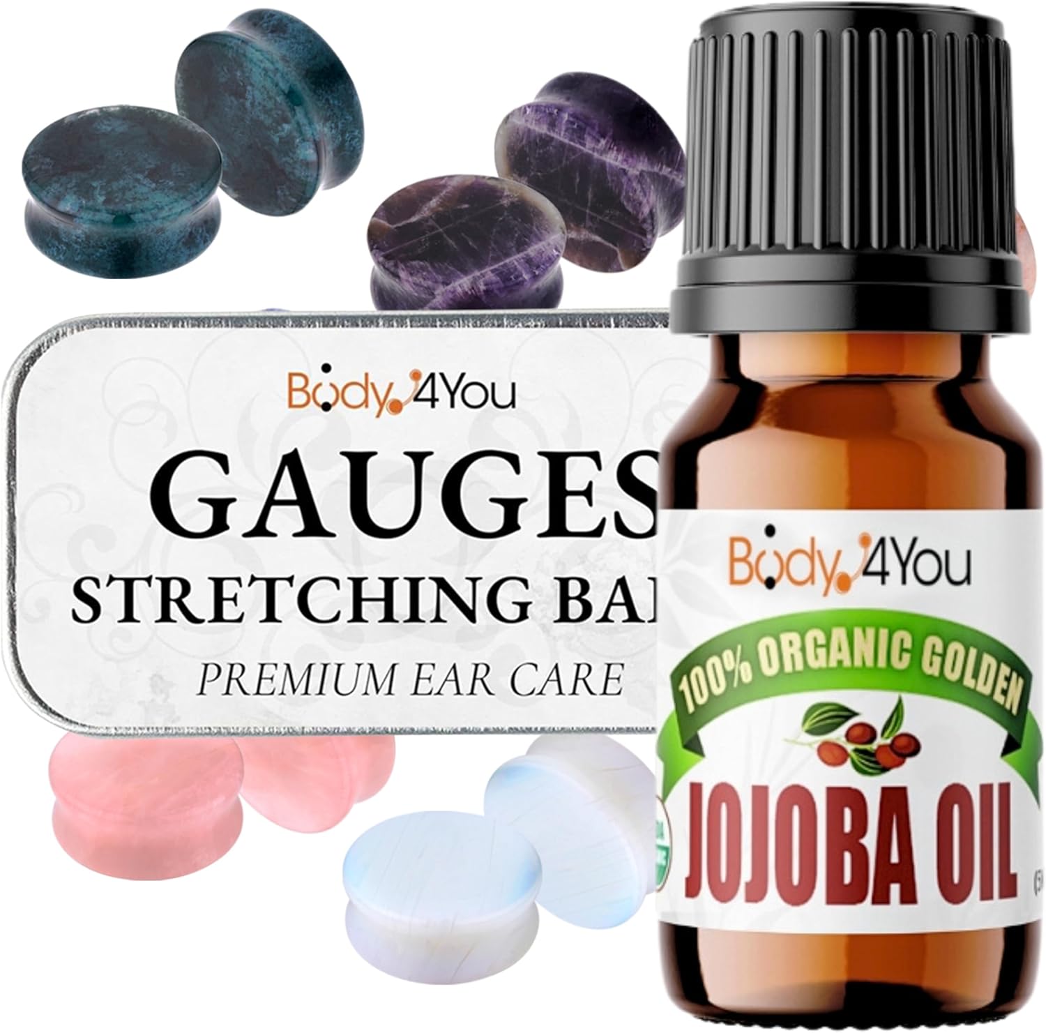 BodyJ4You 18PC Body Piercing Stone Plugs - Ear Stretching Balm Organic Jojoba Oil Aftercare - Big Gauge 20mm (3/4") - Saddle Double Flared Tunnels Expander Earrings