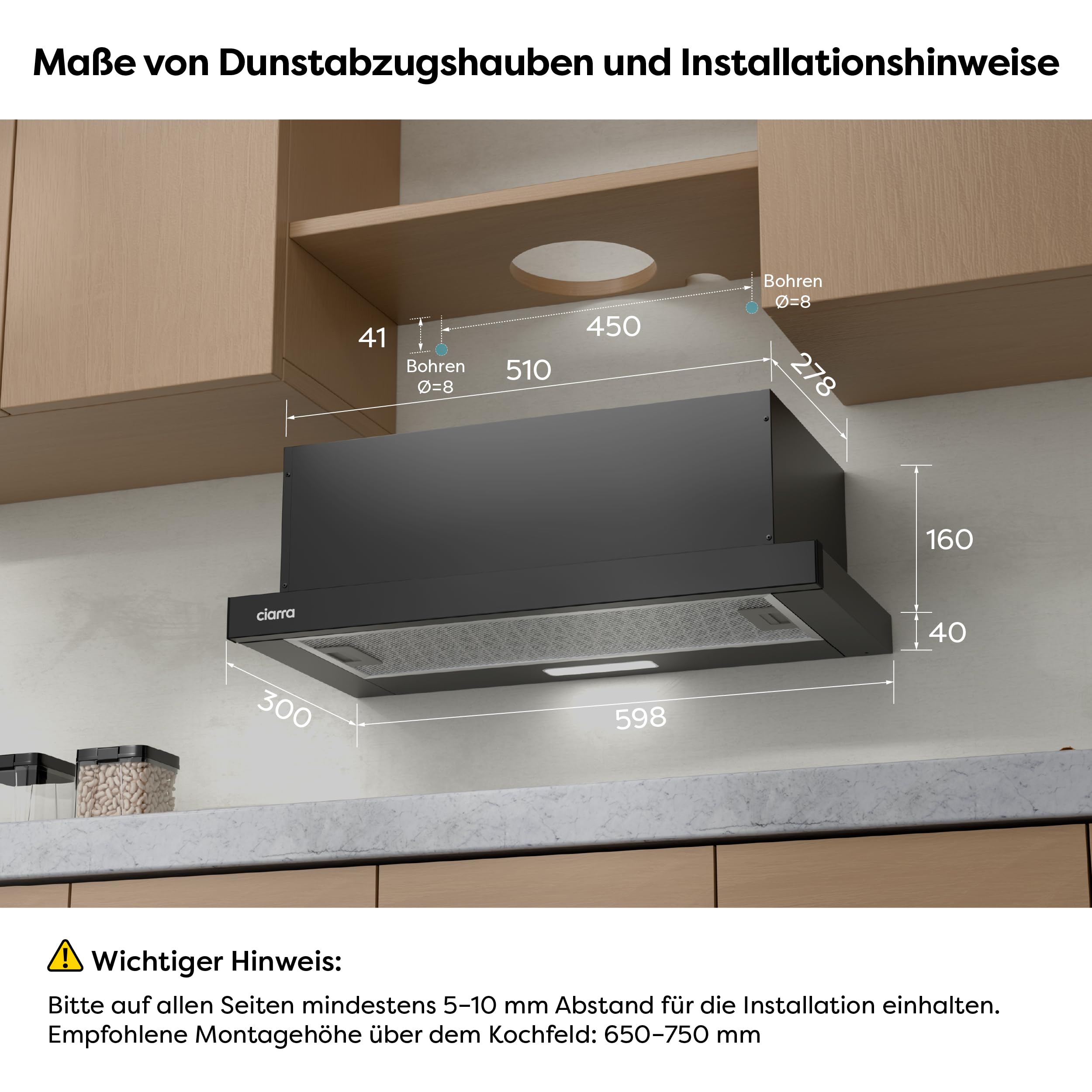 CIARRA CBCB6906D A++ Dunstabzugshaube 60 cm Flachschirmhaube 391 m³/h Umluft Abluft leise LED-Beleuchtung Schwarz