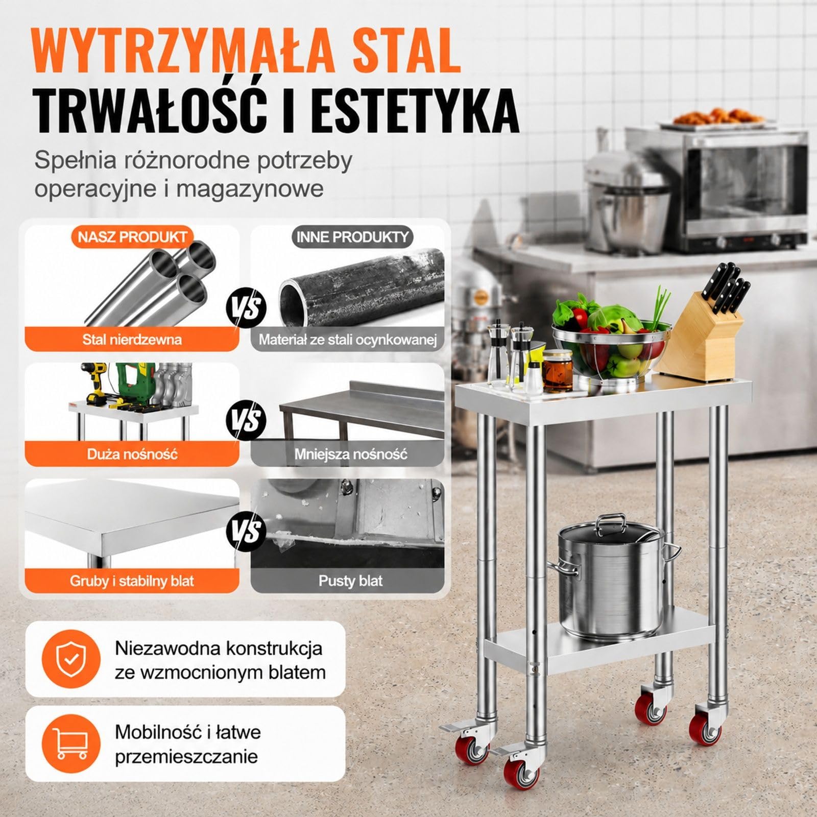 Stół roboczy ze stali nierdzewnej na 4 kółkach z regulowaną dolną półką do kuchni i warsztatu