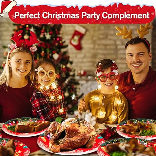 Miniatura 5 de LIZIHAO 96 piezas de suministros para fiesta de Navidad sirven para 24 platos de papel y servilletas de Feliz Navidad platos de papel de Navidad de