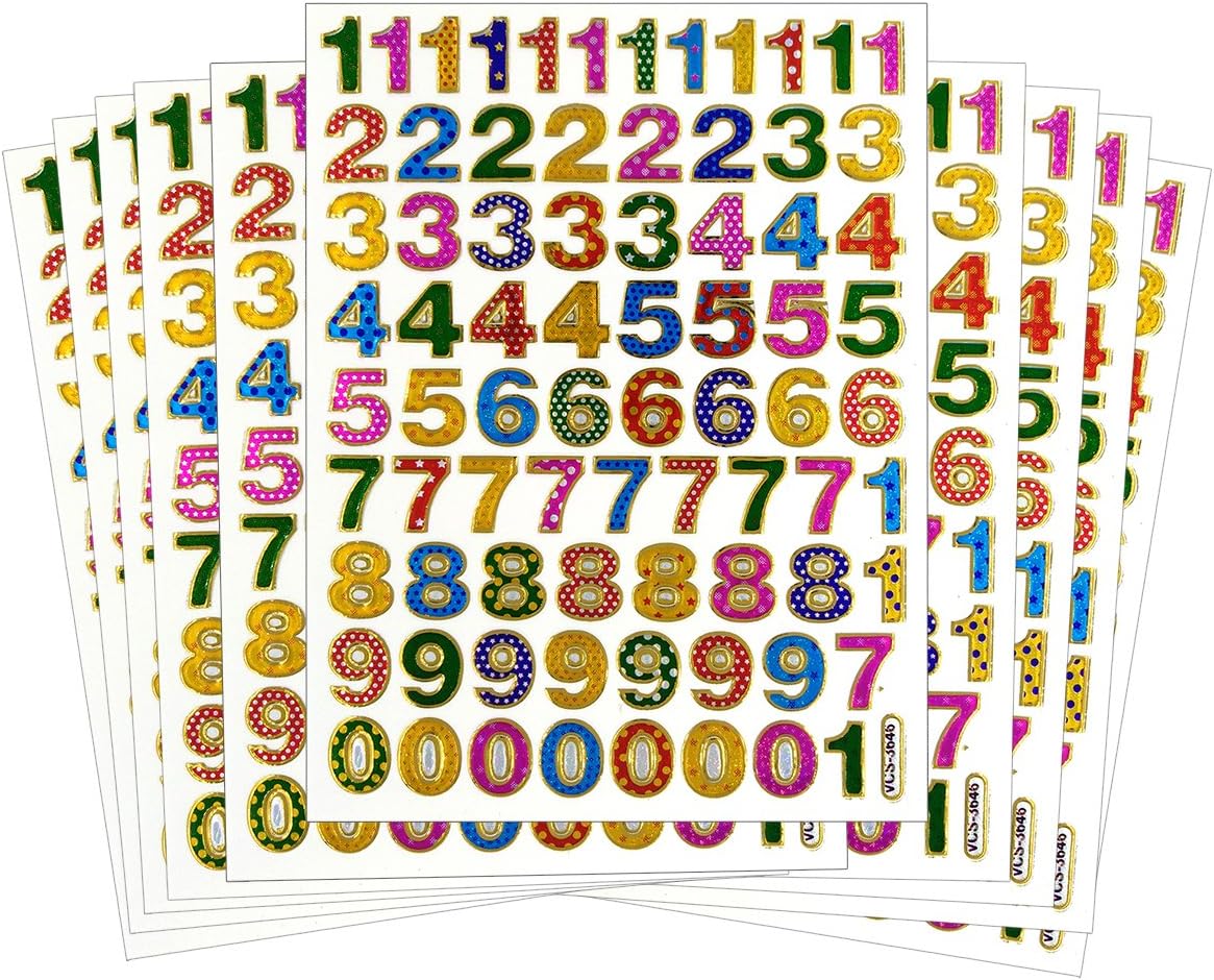 Colorful 0-9 Number, 10 Sheets Self-Adhesive Glitter Metallic Foil Reflective Sticker Decorative Scrapbook for Kid, Birthday Party, Photo, Card, Envelope, Diary, Album. Each Number 0.5 Inches High image 2