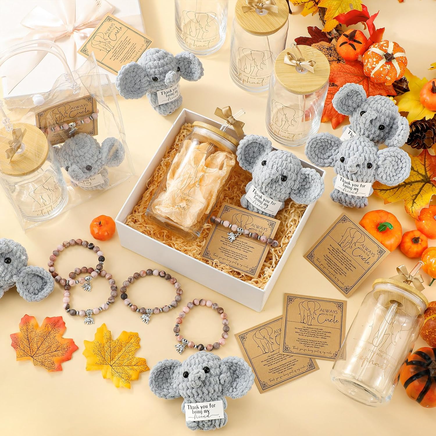 Roshtia 36 Pcs Elephant Friendship Gifts for Women Elephant Tumbler Support Doll Natural Stone Bracelet with Ribbon Cards Bags for Party Favor