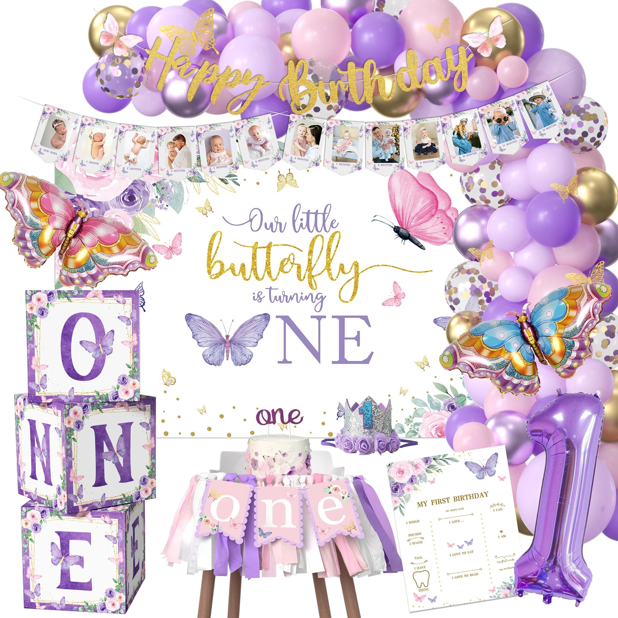 Xigejob Butterfly First Birthday Decorations Girl - Butterfly 1st Birthday Party Supplies, Include Balloon Arch, Backdrop, Balloon Box, Highchair Banner, Hat, Photo Banner