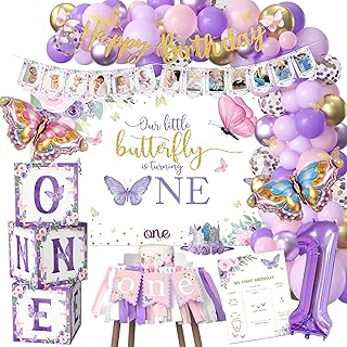 Xigejob Butterfly First Birthday Decorations Girl - Butterfly 1st Birthday Party Supplies, Balloon Arch, Backdrop, Balloon Box, Highchair Banner, Butterfly One-Year-Old Birthday Party Decorations