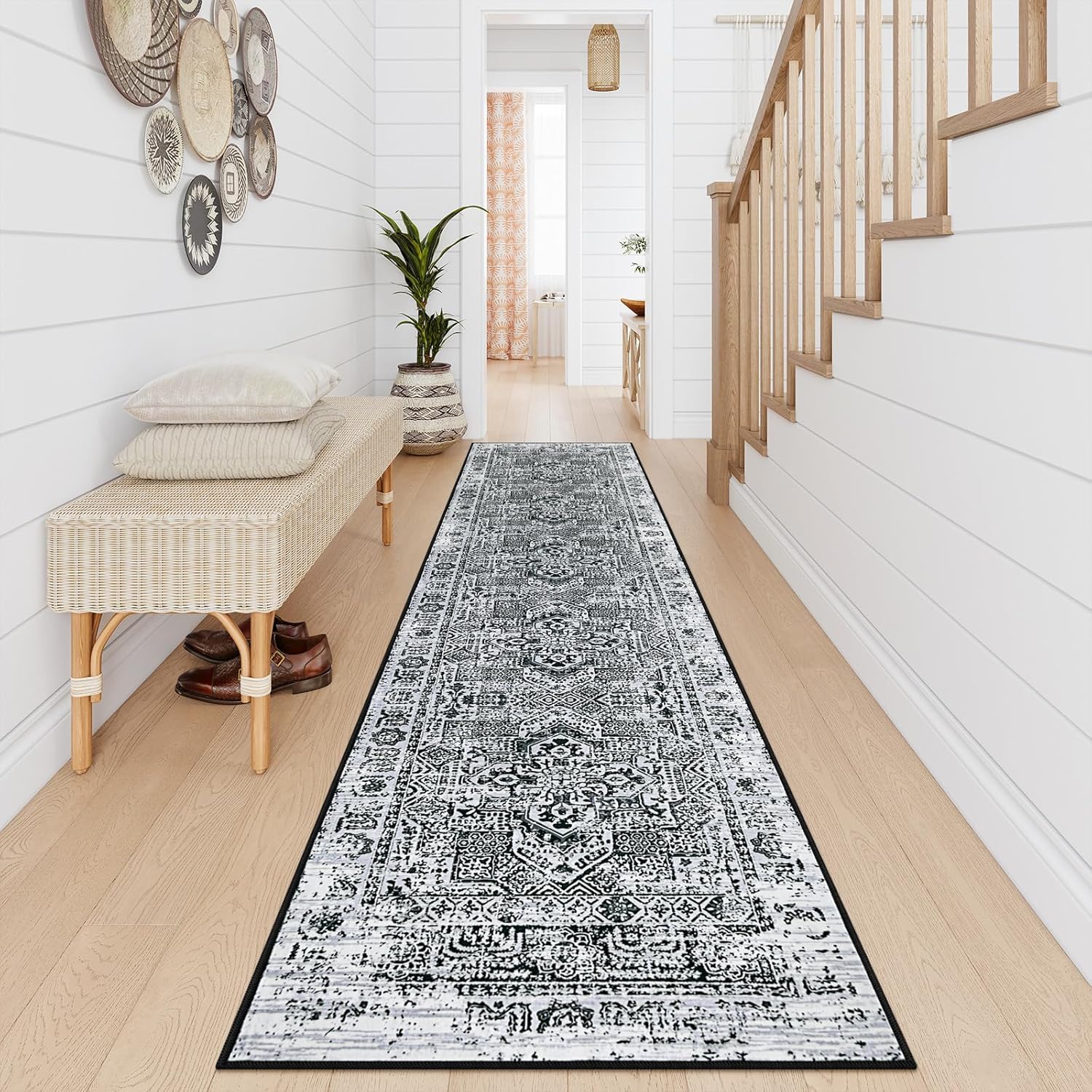 Lahome Boho Washable Runner Rug for Hallways Non Slip, Long 2.5x12 Rug Runner for Hallway Entryway Indoor,12ft Carpet Runner for Bathroom Kitchen Bedroom Bedside RV(Black/Grey,2.5x12Ft)