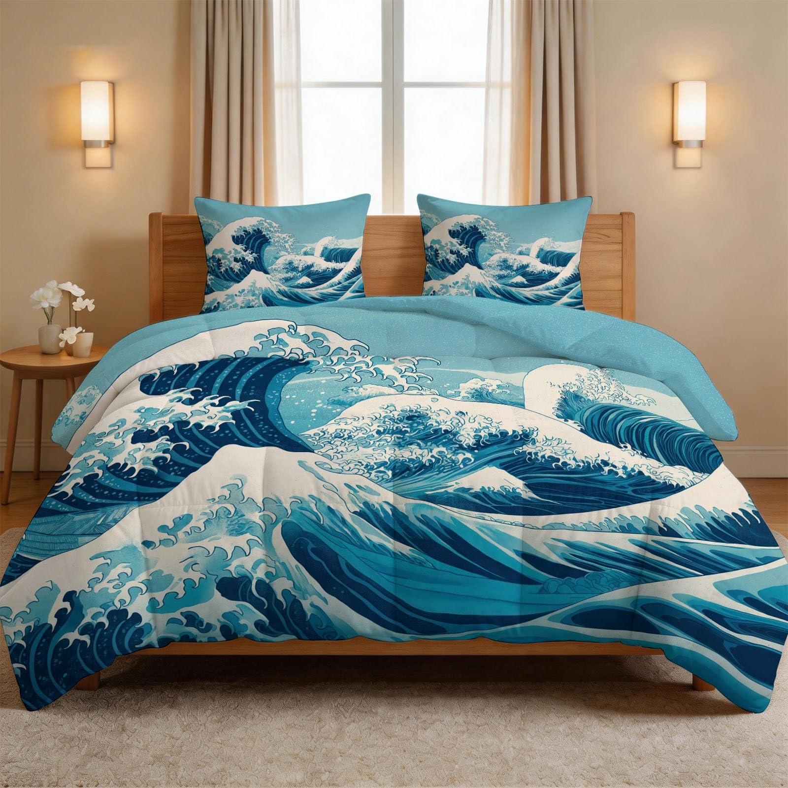 Generisch Japońska kołdra Ukiyo-e 200 x 220 cm na 4 pory roku, fale oceaniczne, całoroczna kołdra - miękka kołdra pikowana bez poszewki, nadająca się do prania, niebieska pościel z 2 poszewkami na