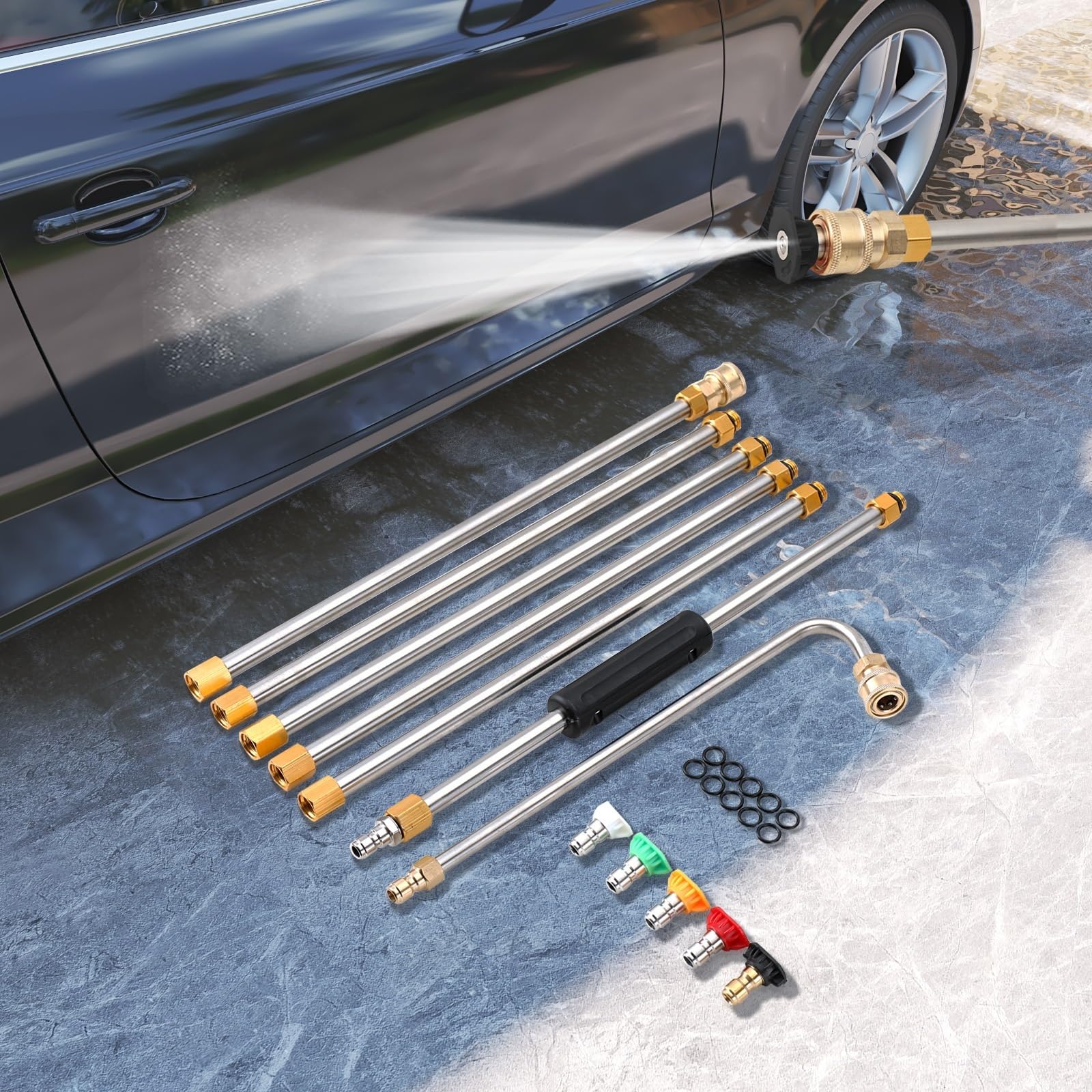 Lance de Nettoyage Allongée Outil de nettoyage gouttières à connecteur rapide 1/4", rallonges nettoyeur haute pression 4000 psi, toit avec buses(9 * 5.5 * 18cm)