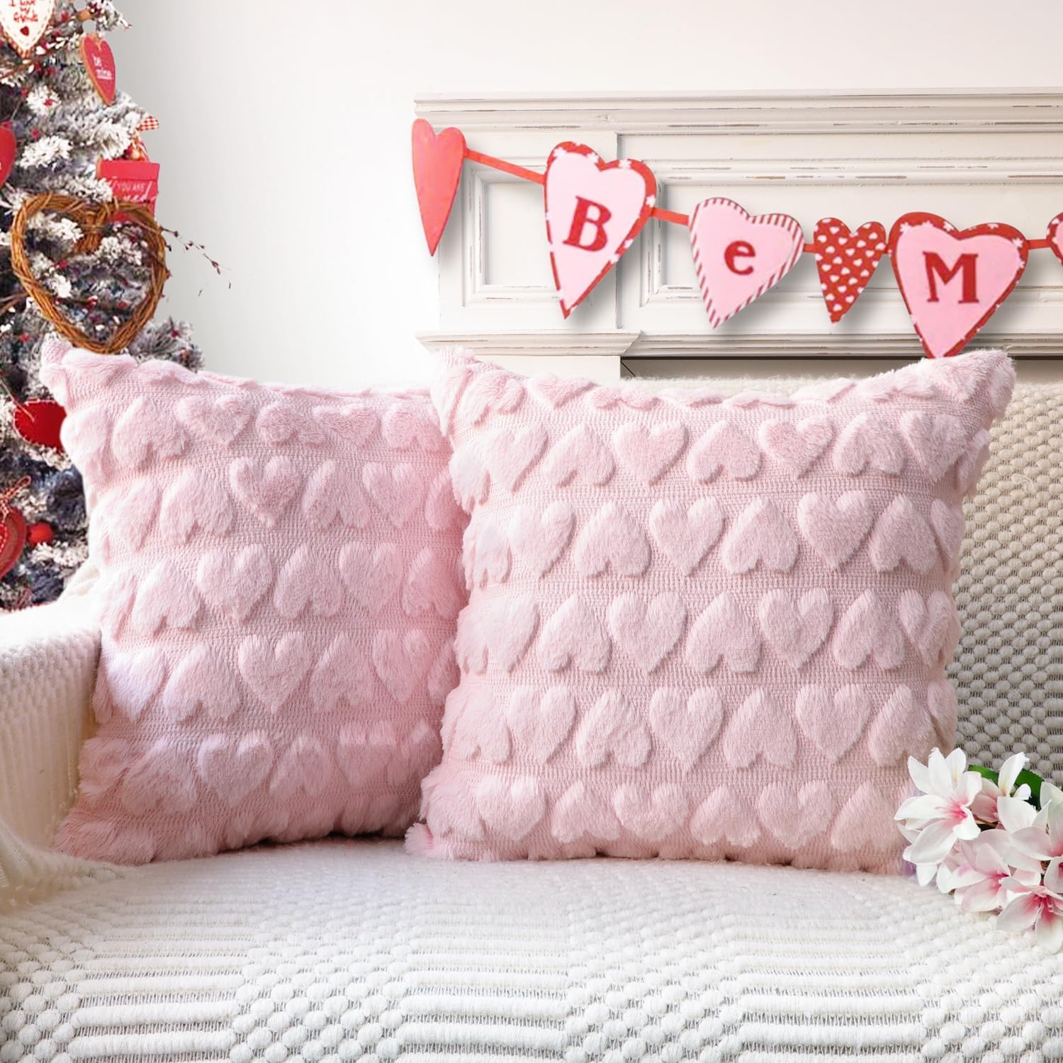 EASY JOY Set van 2 kussenslopen, kunstbont, bankkussen, pluche kussen, superzacht kussen, 45 x 45 cm, voor bank, auto, slaapkamer en woonkamer, roze