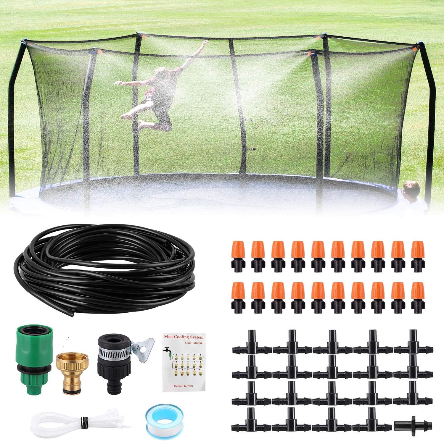 Trampoline Water Play DIY 50 Feet 20 Nozzles Misting Outdoor Cooling System Kits Waterpark Summer Game Toys Accessories for Kids in Swimming Pool Patio Garden Lawn Greenhouse Irrigation Sprinkle