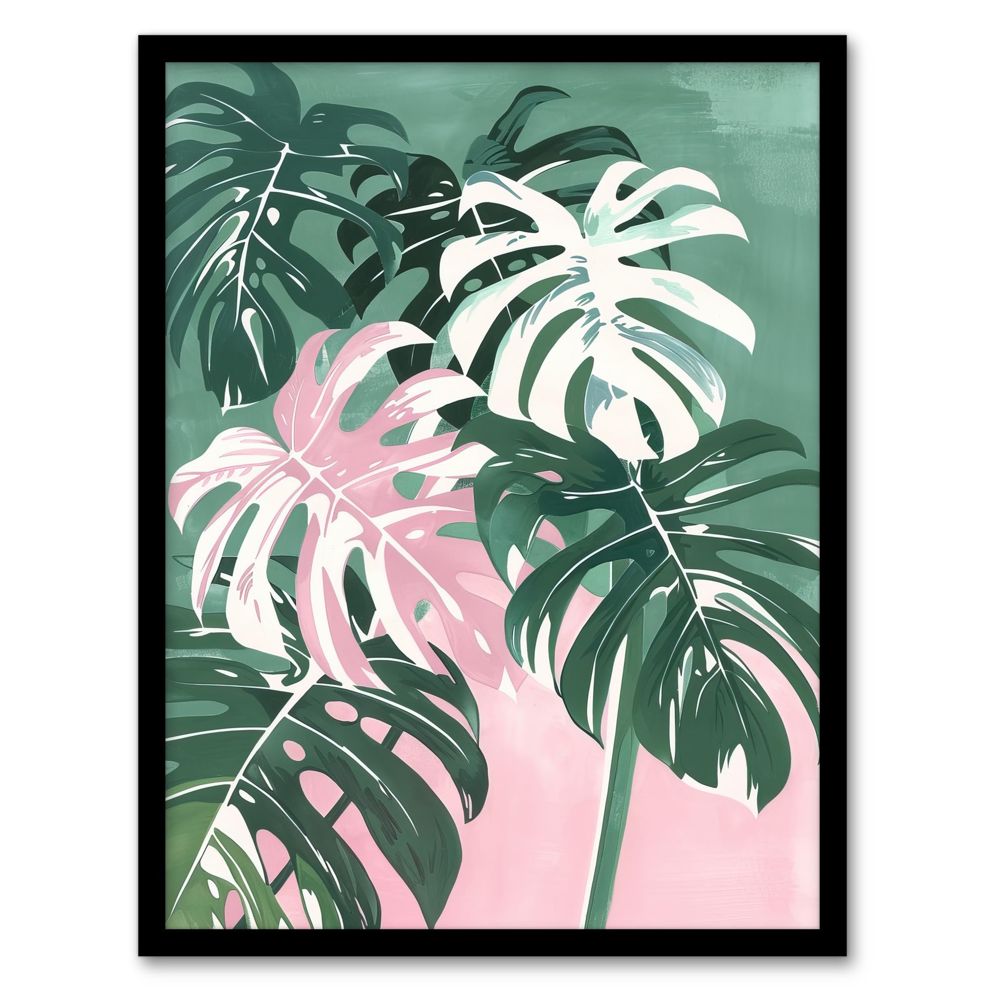 Artery8 Plant Lover Monstera Leaves Green Pink Botanical Living Room Artwork Framed Wall Art Print 18X24 Inch