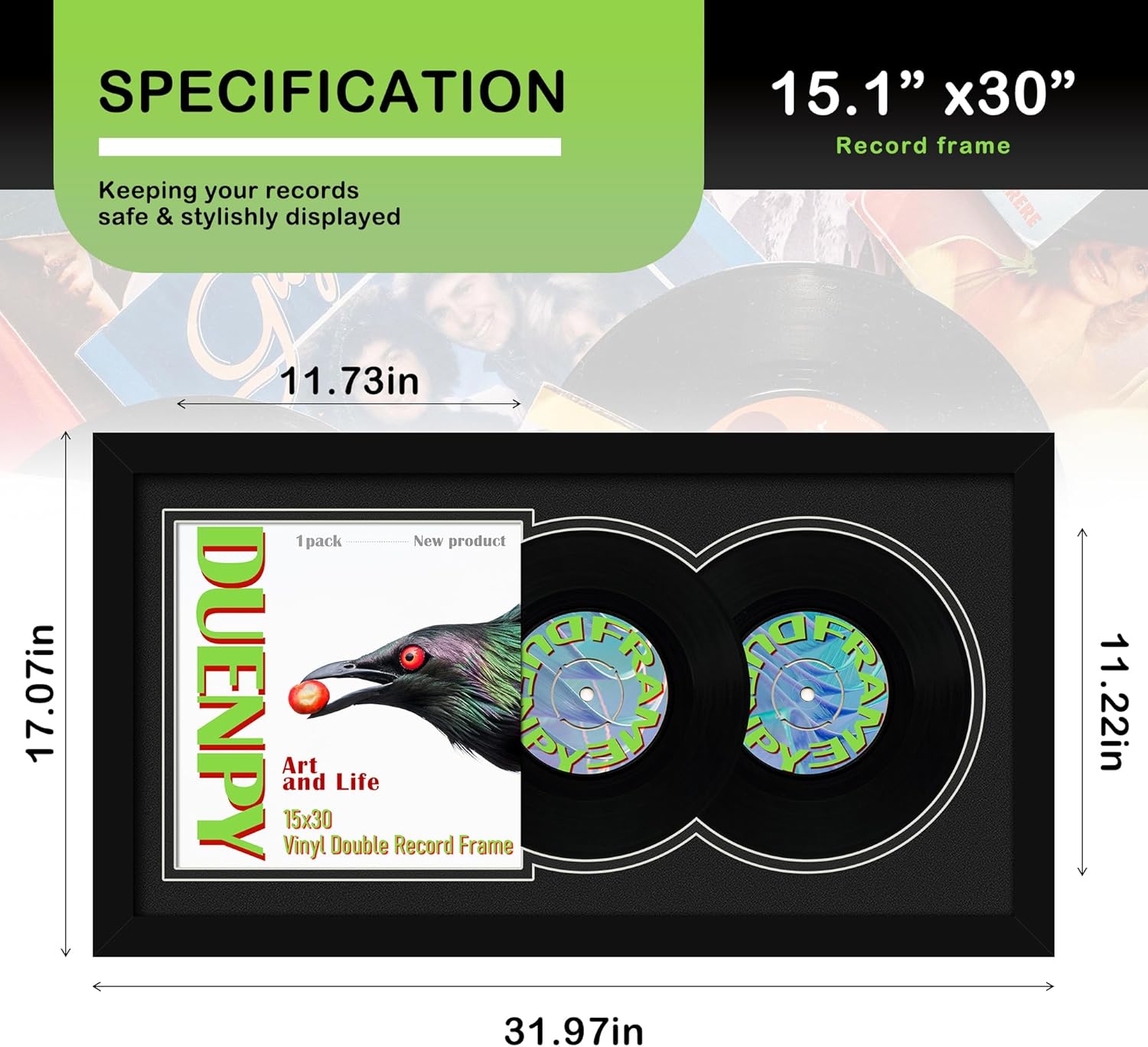 DUENPY Vinyl Record Display Frame 15.1x30 Inches Display Record Album and 12.5x12.5 Album Cover Art Wall Mount Double Black Mat