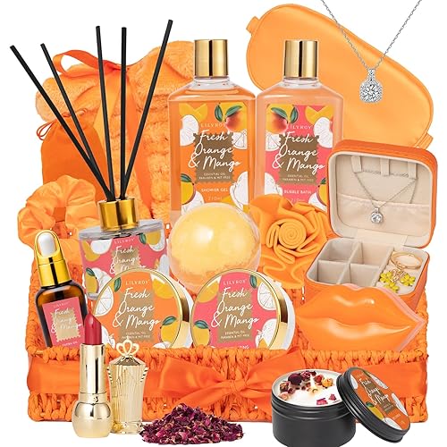 Christmas Gifts for Women Gift- 23-Piece Bath & Body Gift Basket Set for Women, Bath Gift Set, Spa Gift Baskets | Mothers Day Gifts for Mom, Valentine's, Birthday Gifts, All Occasion Present for Her - ORANGE & MANGO 1
