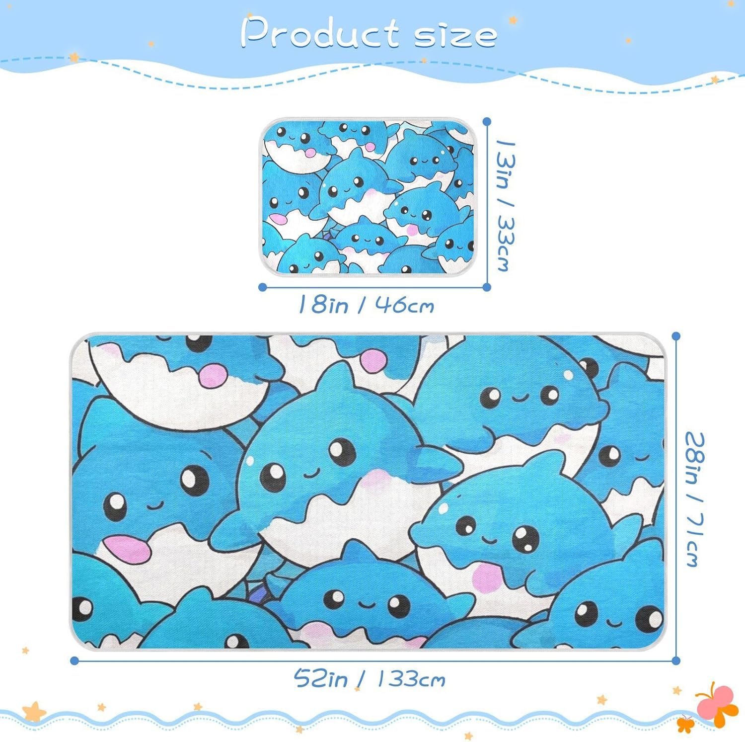 Cute Cartoon Shark Cooling Baby Mattress Protector pad 28" x 52" Reusable Pads Washable Waterproof for Baby&Toddler
