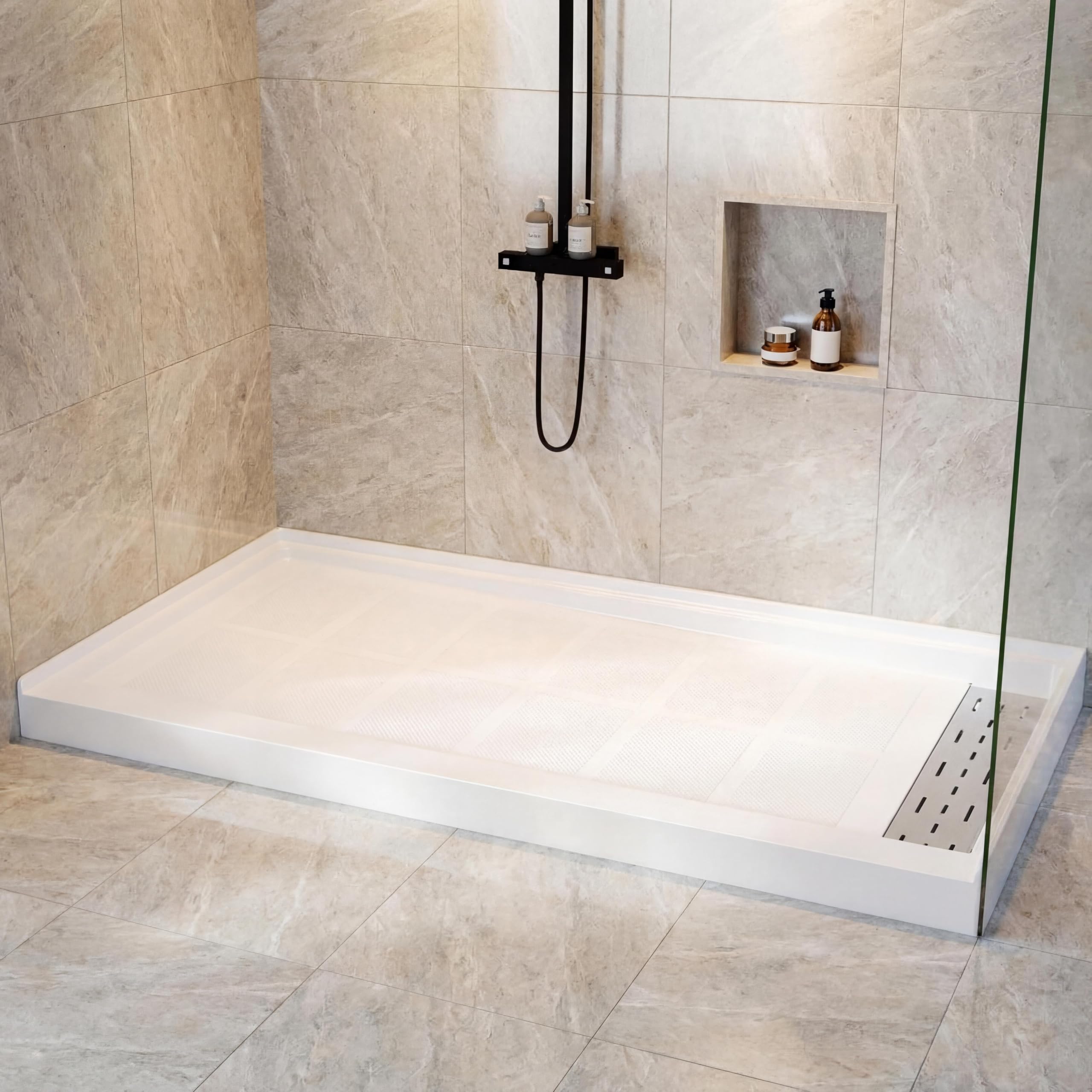 Shower Pan 60" x 36", Non-Slip Shower Base with Right Drain & 3-Sided Splash Guard, Includes 304 Stainless Steel Long Drain Cover & Drain Assembly,