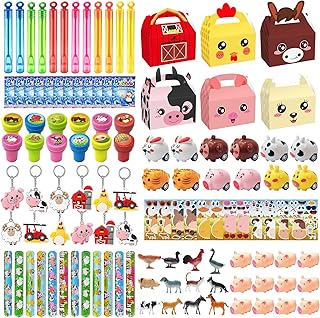 Farm Animals Party Favors Supplies 108 Pcs Birthday Party Decorations Goodie Boxes Bubble Wands Stampers Rubber Pigs Figures Keychains Pull Back Cars Slap Bracelets Stickers Gifts For Kids Boys Girls