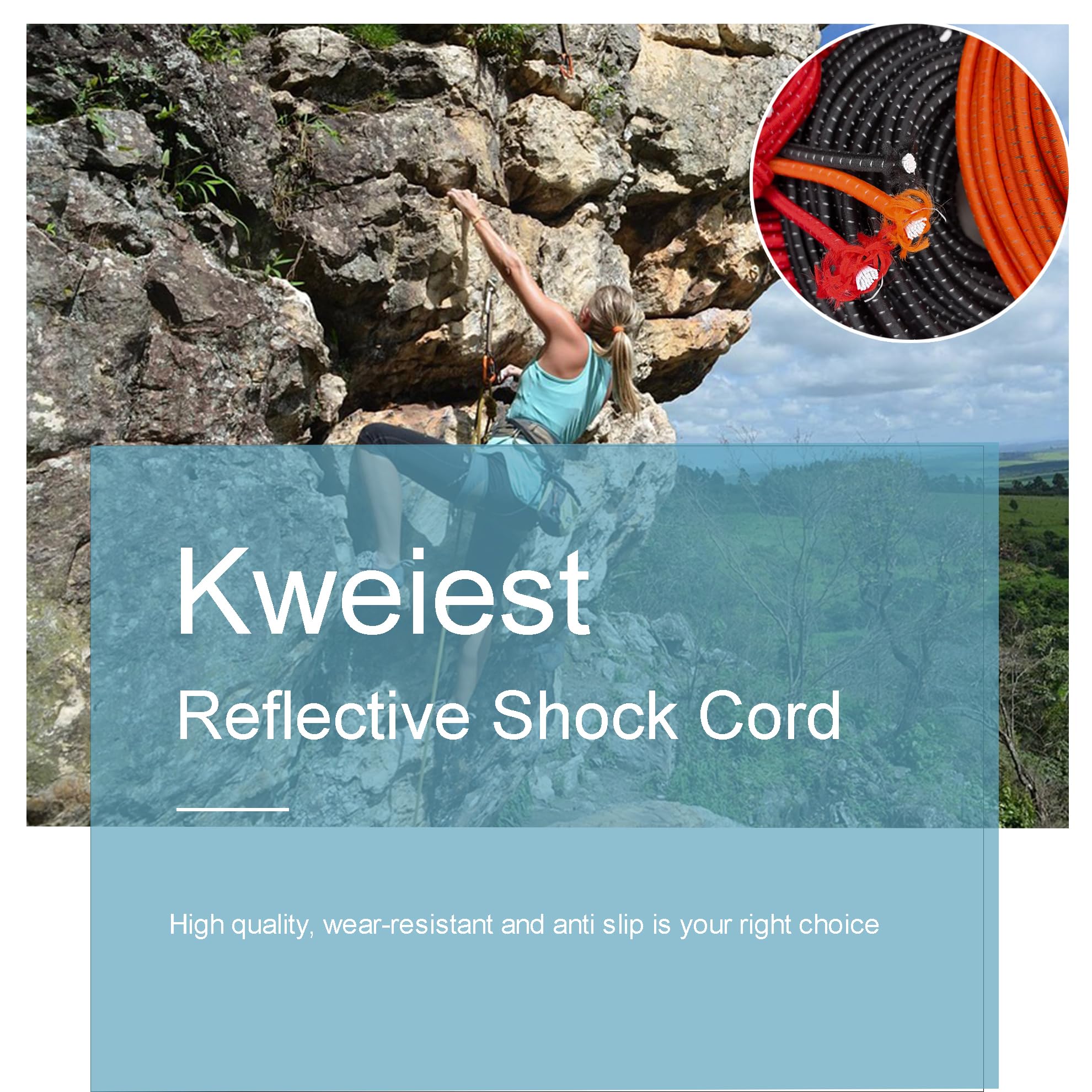 KWEIEST Reflective Bungee Cord 1/4 Inch Cords Kayak Stretch String Rope for Camping Tie Downs Boating Bikes Hiking Fishing Fitness and Outdoor Enthusiasts(Black 6MM-33FT)