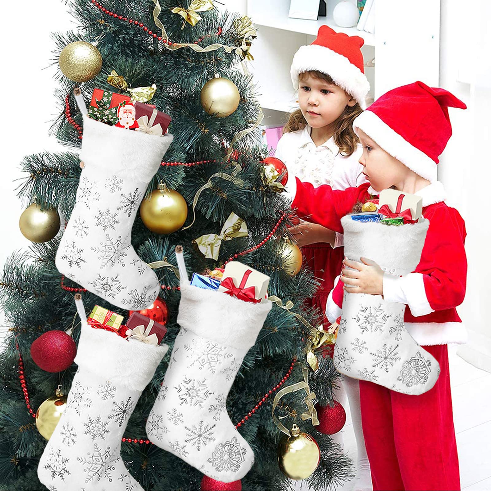 Calzoni Natalizi Giganti In Peluche Morbido, Set Da 4 Da 45 Cm Con Fiocco Di Neve Argentato - Perfetti Per Camino E Regali Di Natale