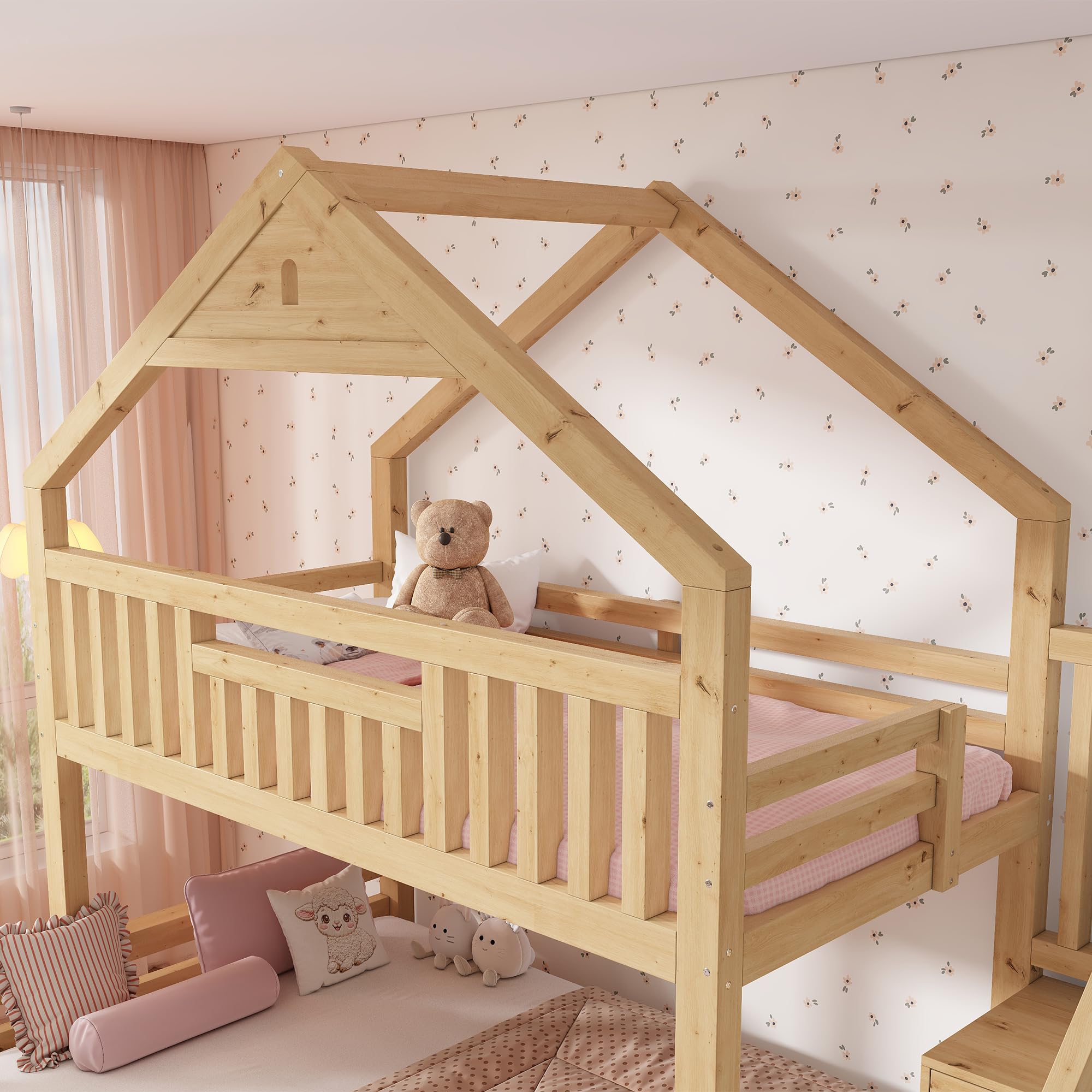 Shye Letto a castello per bambini, 90 x 200 e 140 x 200 cm, in legno con scale, 2 cassetti, tetto a battente, letto familiare, colore rovere (senza materasso)