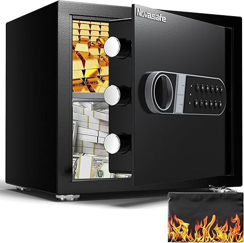 Caja fuerte, caja fuerte para el hogar con bolsa impermeable ignífuga y llave, caja fuerte de dinero de 1.2 pies cúbicos para gabinete de oficina de