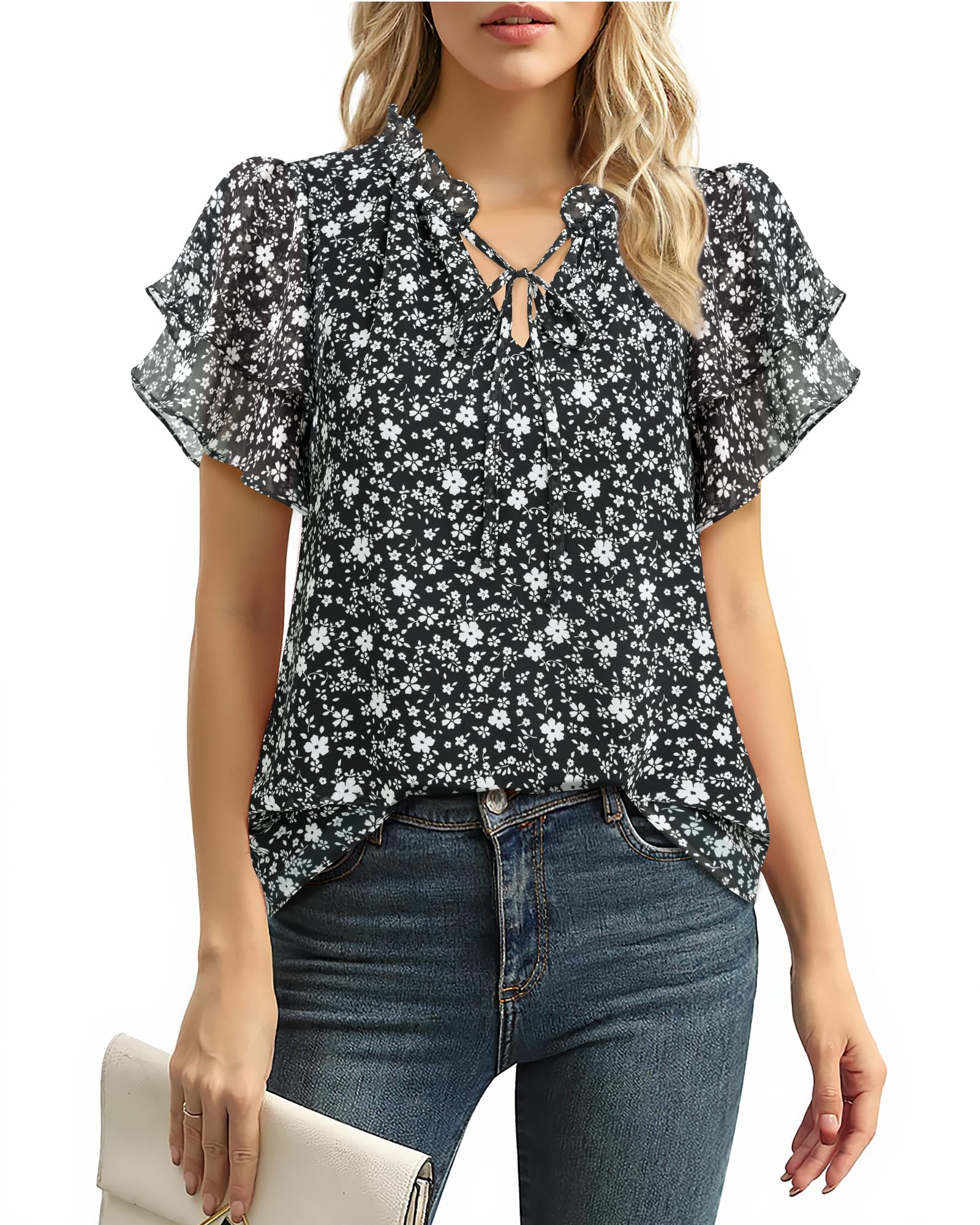 Gaharu Blusa elegante de manga corta para mujer, túnica de verano, cuello de pico, mangas con volantes, gasa, flores, camiseta de negocios, informal, top