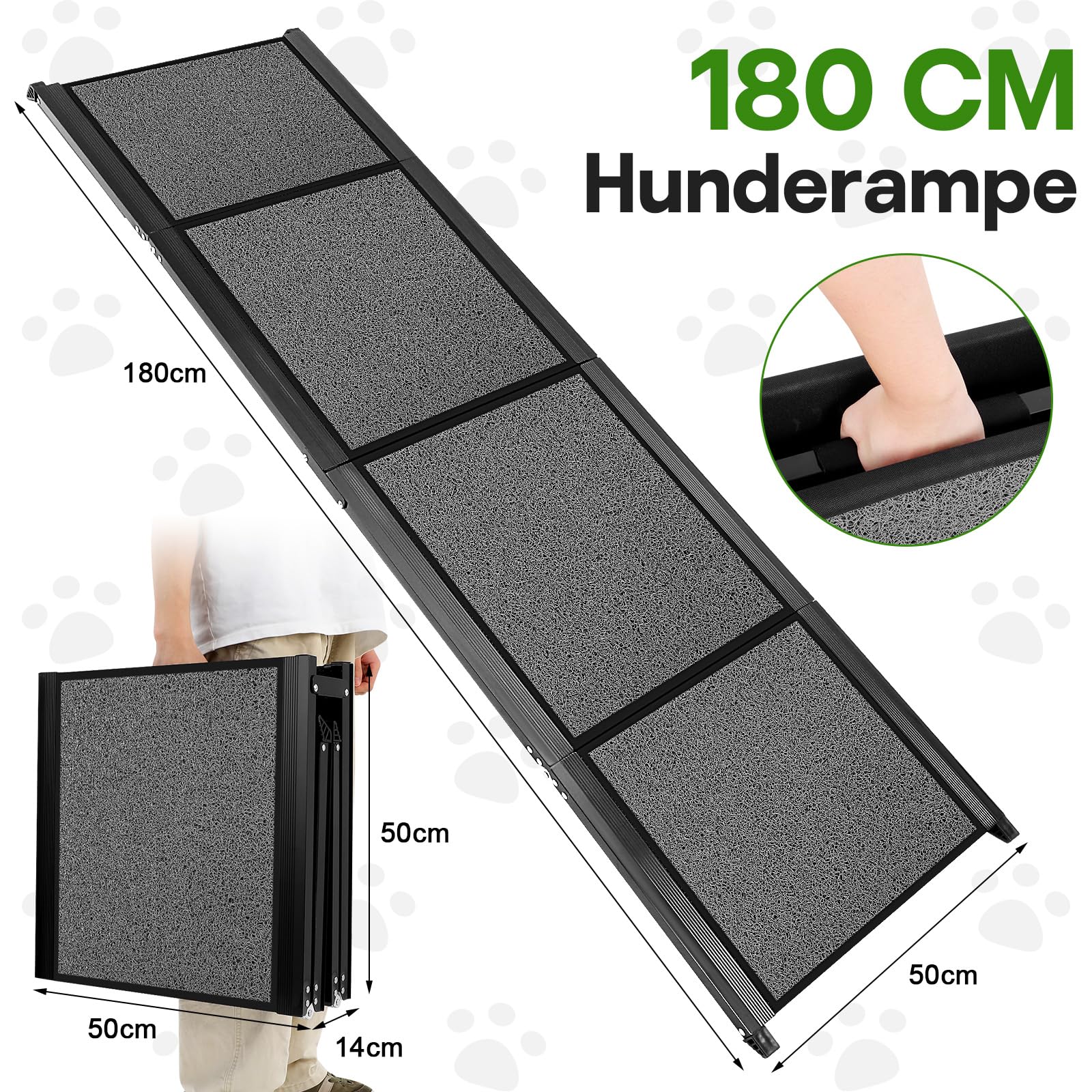 Hunderampe Auto Klappbar, 180CM x 50CM Extra Breit Hunderampe für große Hunde, Aluminium Hundetreppe Auto mit Schaumstoffgriff, bis 130 kg, rutschfest Rampe Hund für Autos, LKWs und SUV